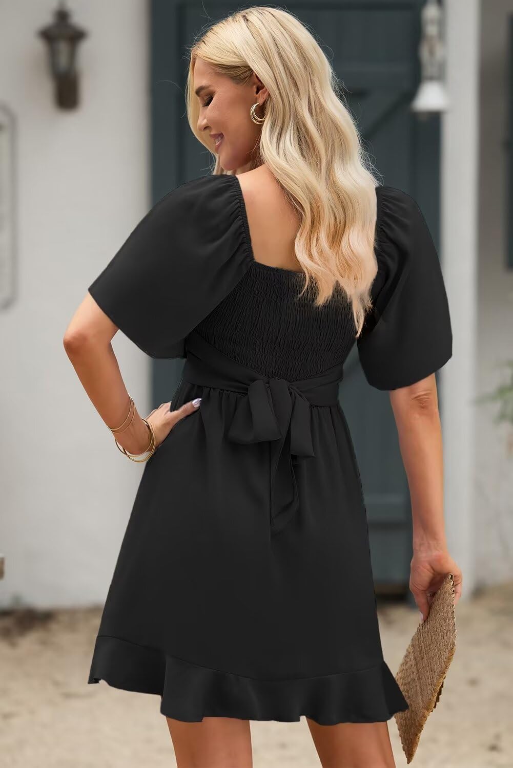 Thumbnail 3 de Dokotoo Women's Wrap V Neck Short Flared Sleeve Dress – Smocked Waist, Tiered Mini with Belt