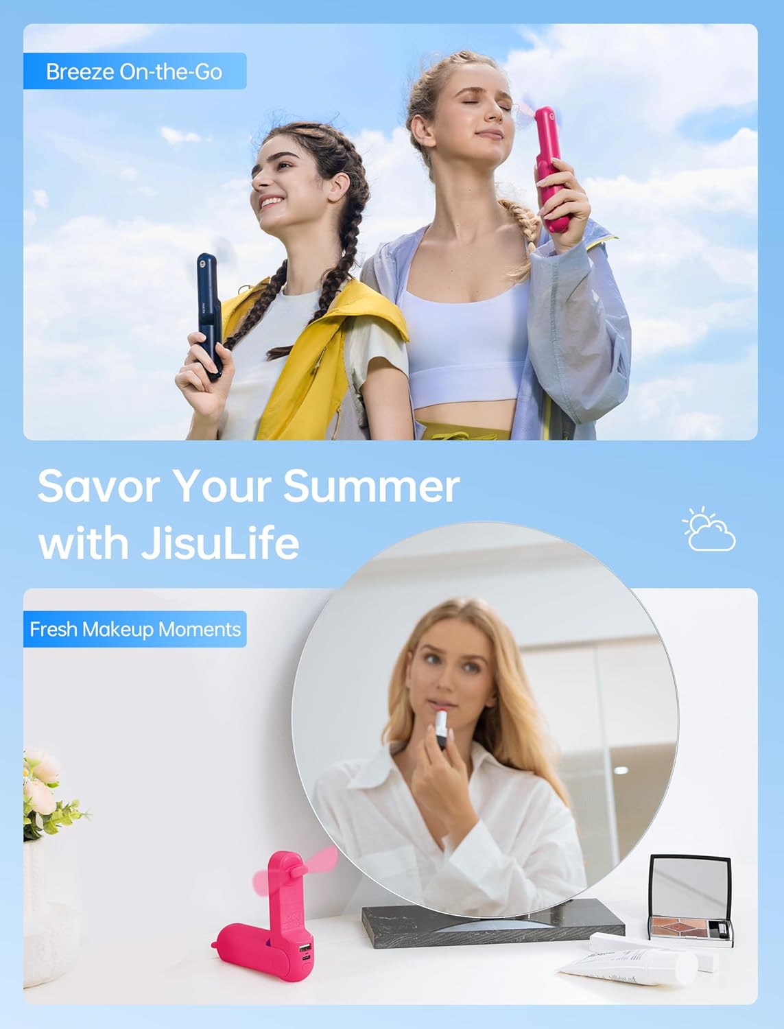 Thumbnail 5 de JISULIFE Mini-Handventilator 3-in-1 (USB, Powerbank & Taschenlampe) – kompakter Taschenventilator mit bis zu 19 Stunden Laufzeit