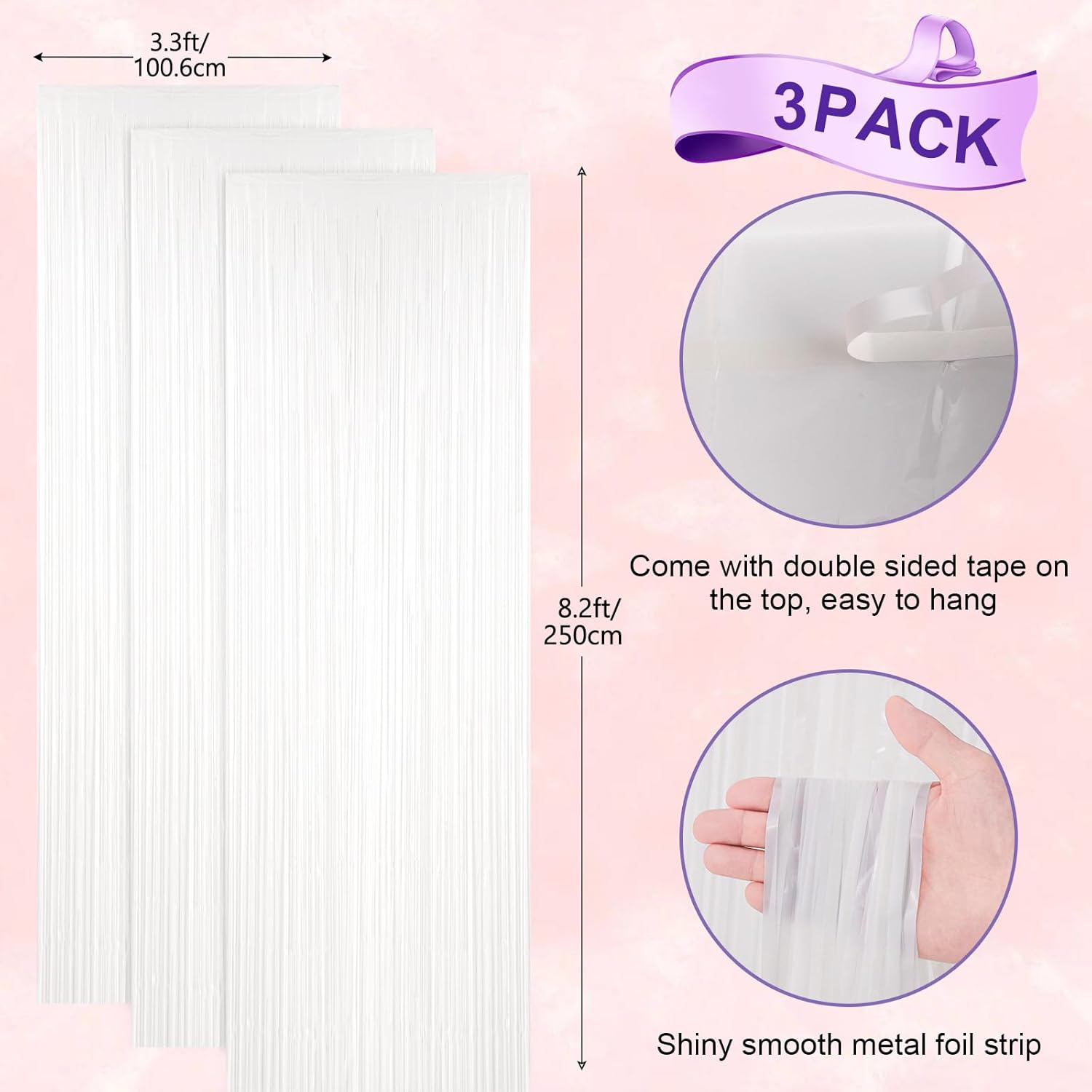 Thumbnail 2 de Voircoloria 3 Pack White Foil Fringe Backdrop Curtains (3.3x8.2 ft)