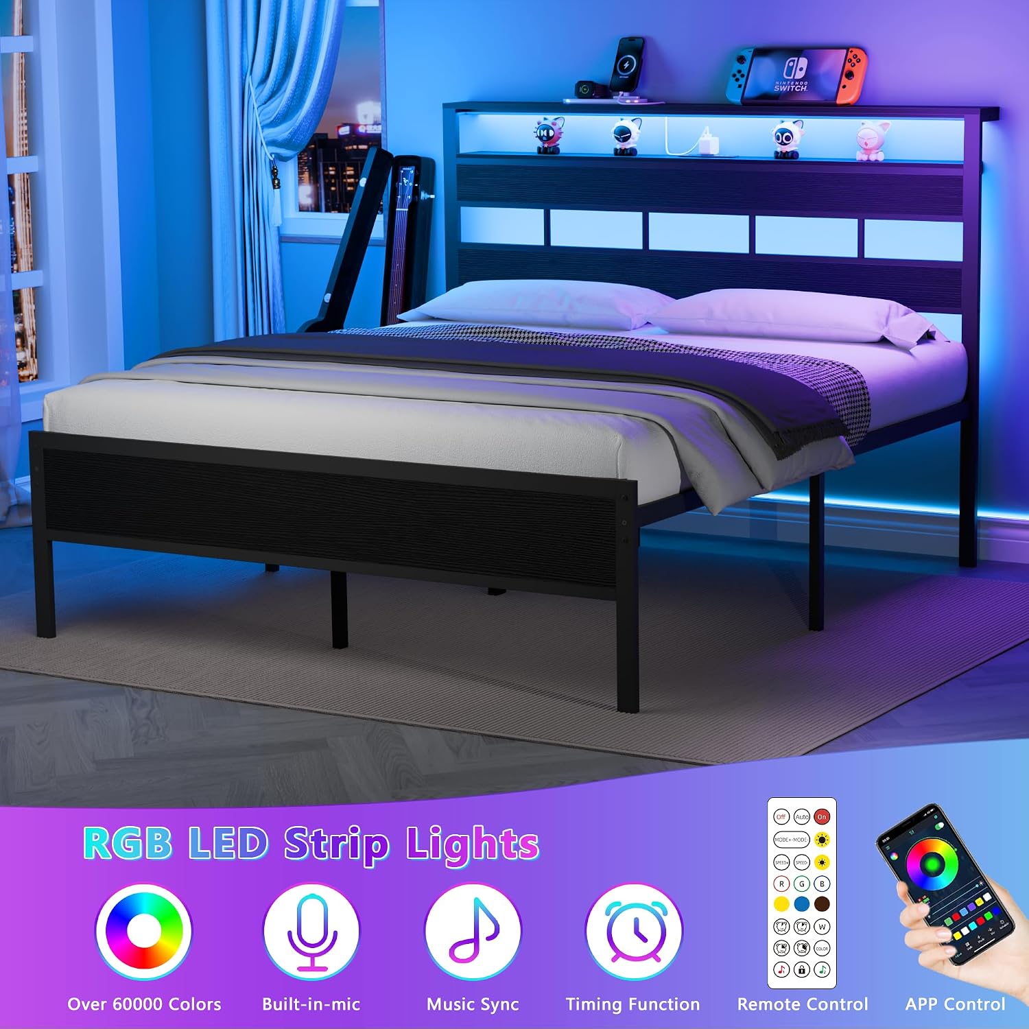 Detalle de Furnulem Queen Bed Frame, Black Oak