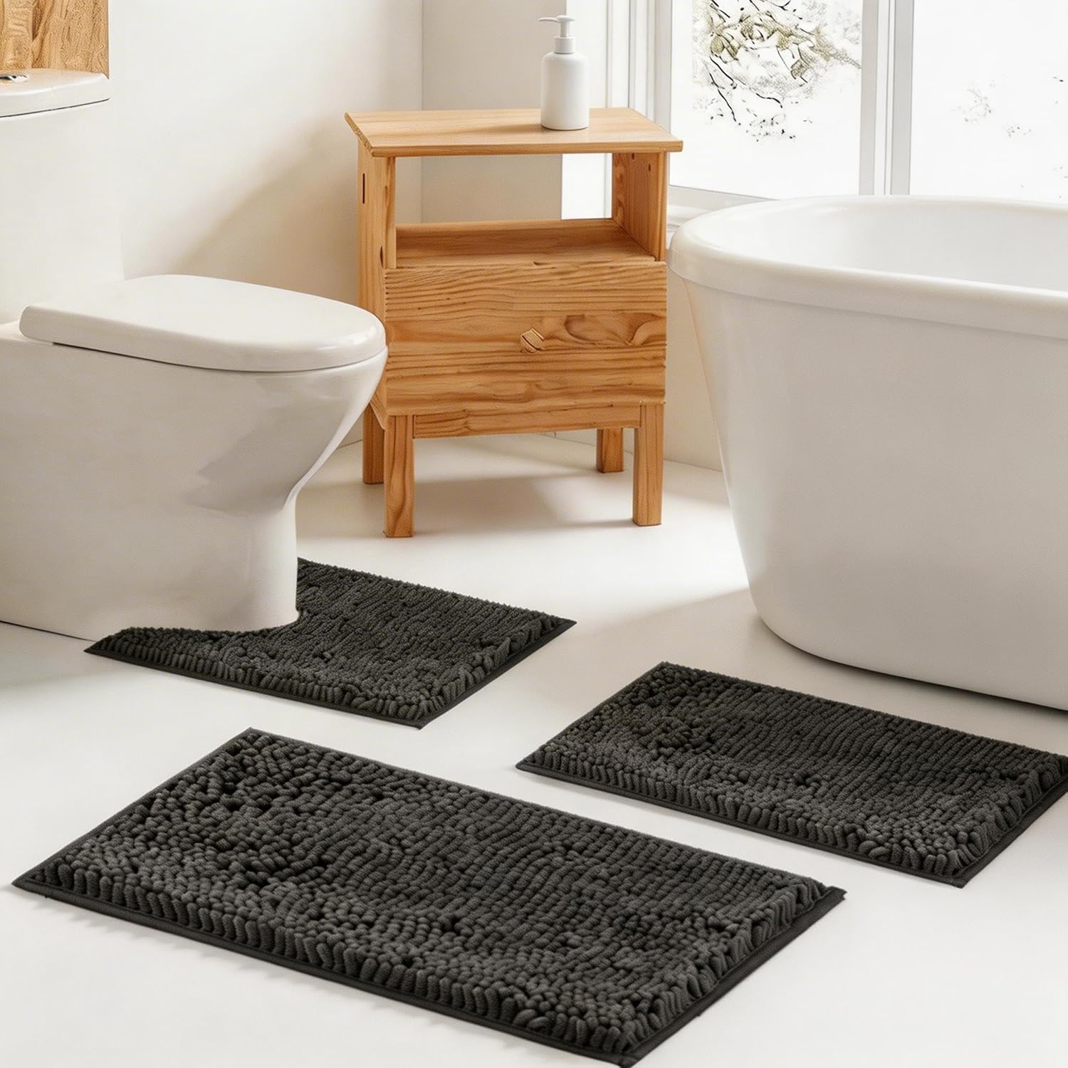 Thumbnail 1 de 3-Piece Chenille Bathroom Rug Set with Non-Slip PVC Backing (Small U-Shape + Large Mats)