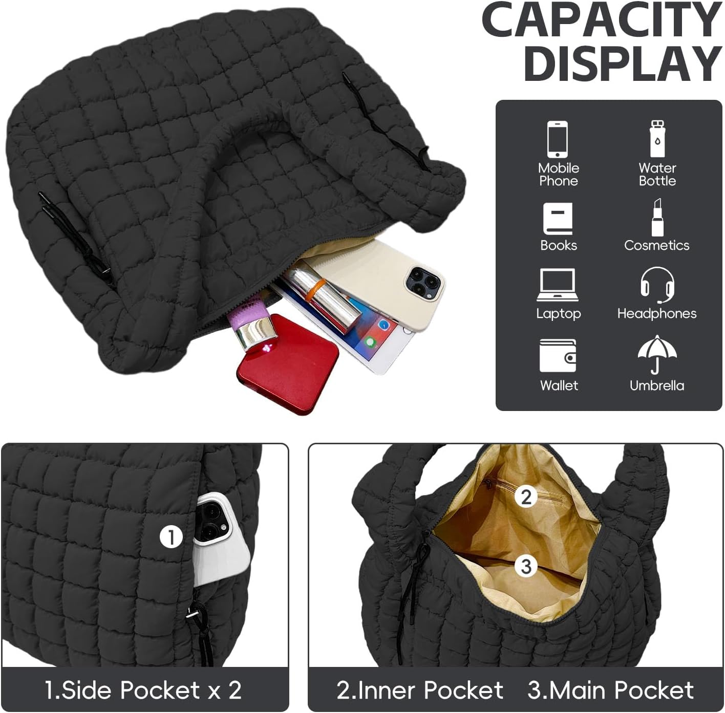 Detalle de Bagtopia Puffer Tote Bag (Large Quilted Puffer Bag) – lightweight padded hobo tote for work, gym and travel