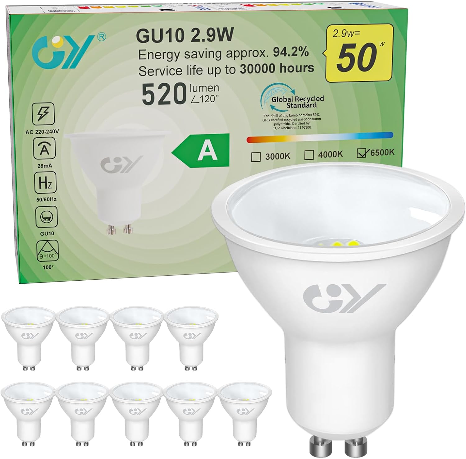 Detalle de GY GU10 2.9W LED Bulb (6500K) – 520lm, Non-Dimmable, 10 Pack