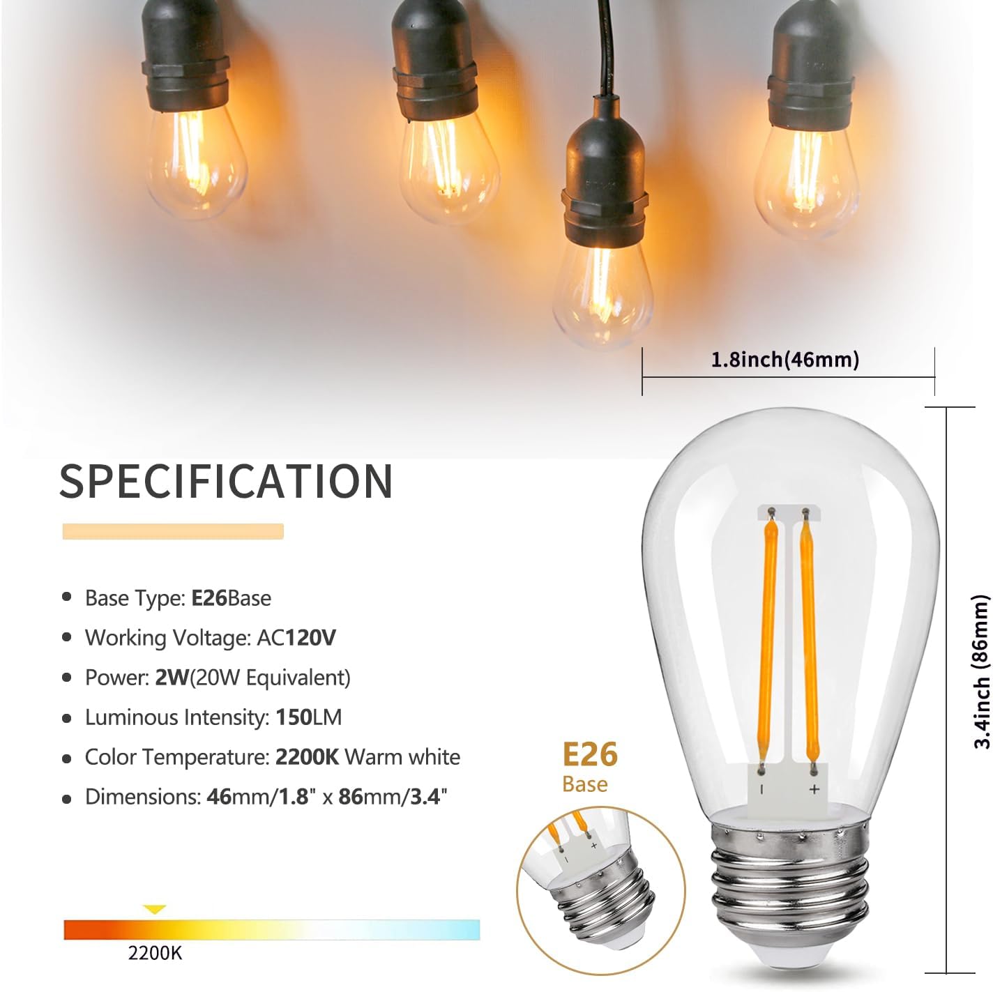 Detalle de Austin Coast S14 LED Bulbs, 2W E26, 2200K Warm White, Shatterproof Plastic