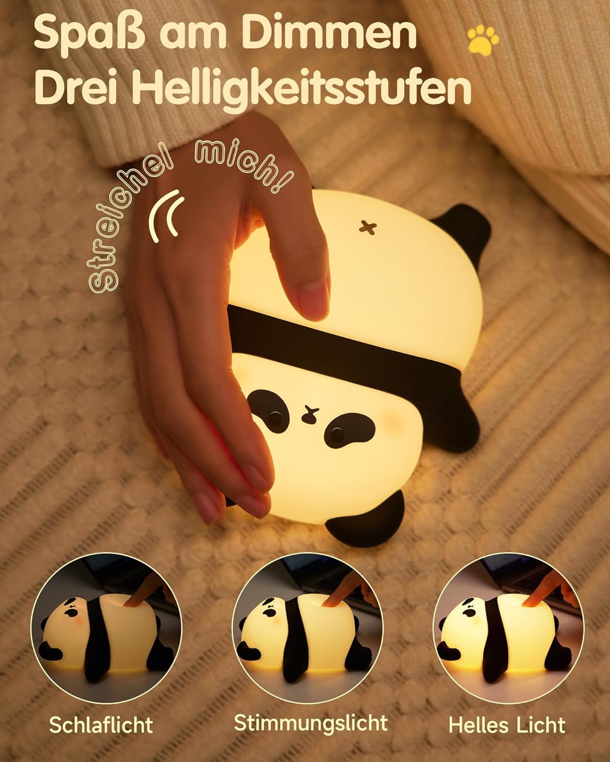 Detalle de Panda Nachtlicht Baby mit Schnarchfunktion & Timer – Wiederaufladbar, BPA-frei und dimmbar