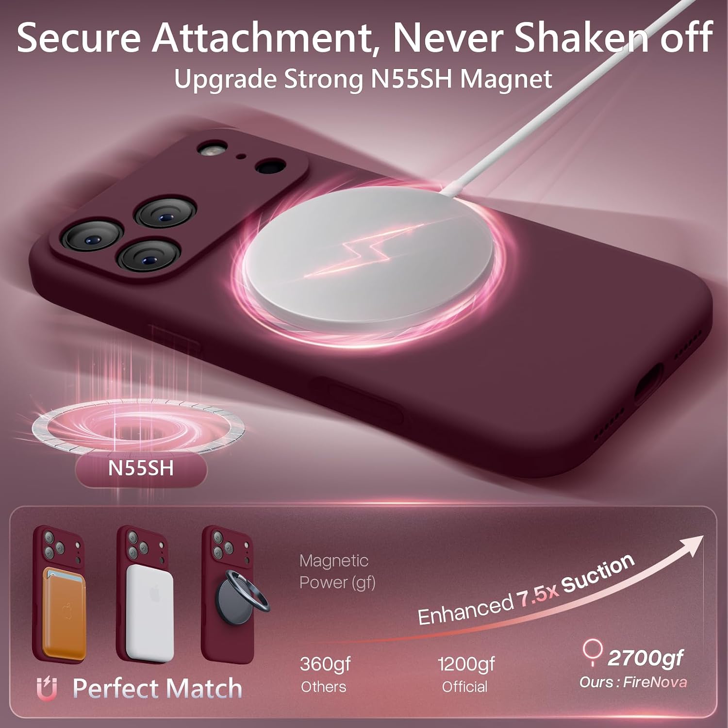 Detalle de FireNova iPhone 18 Pro Max Case, Plum Silicone, MagSafe and Camera Cover