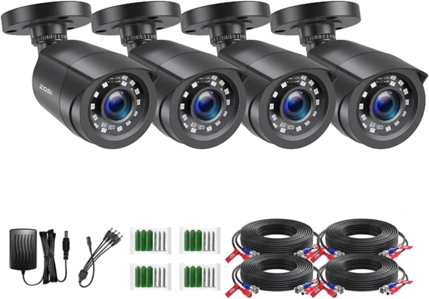ZOSI 4 Pack 2MP 1080p HD-TVI Outdoor/Indoor Bullet Security Cameras (Black) with IR Night Vision