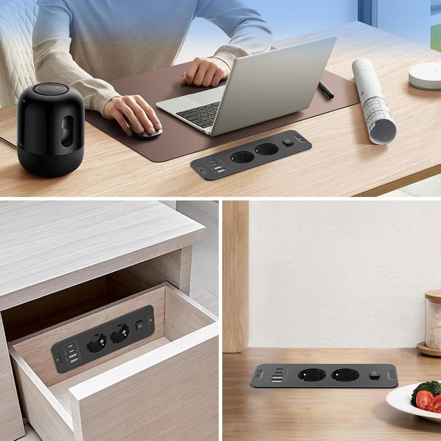 Detalle de Versenkbare Steckdose 2-Fach mit USB-C/USB-A – Einbau-Steckdosenleiste für Tischplatten