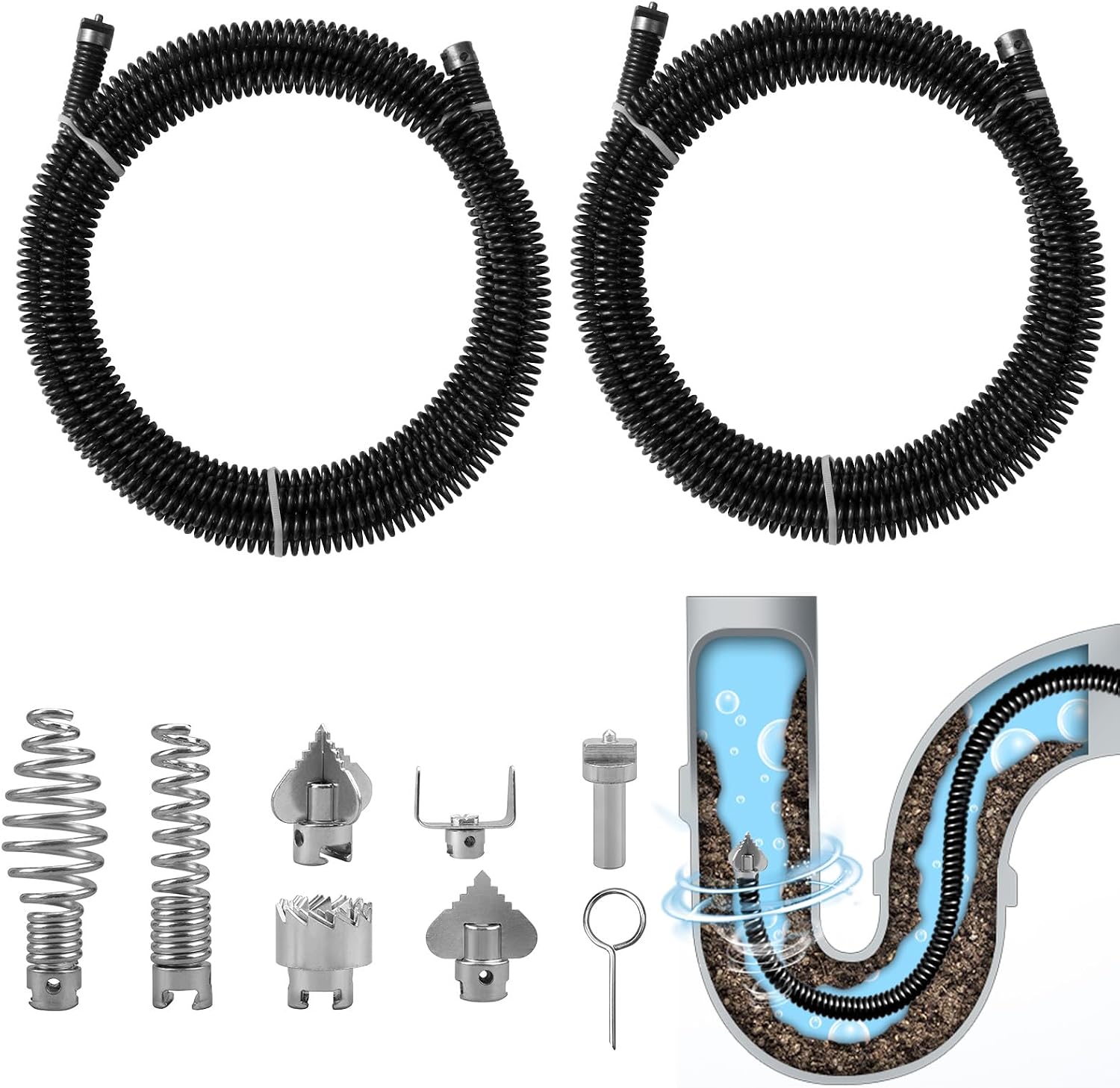 Spirale per la pulizia dei tubi: set completo con 2 spirali da 3 m, teste intercambiabili e adattatore elettrico