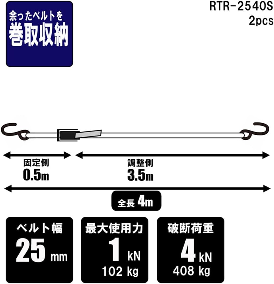 Detalle de イーバリュー RTR-2540S ラチェット式ベルト荷締機 25mm幅・4.0m・オープンフック2本組