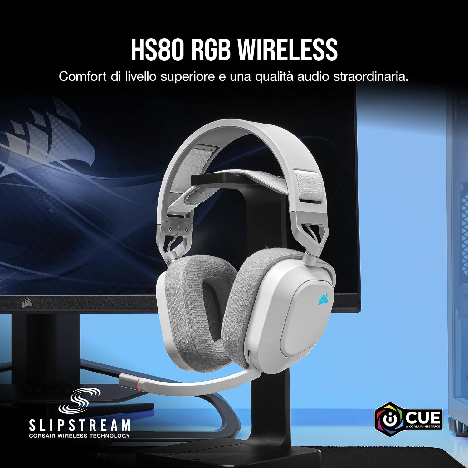 Detalle de CORSAIR HS80 RGB Wireless: cuffie da gioco multipiattaforma con Dolby Atmos e microfono omnidirezionale