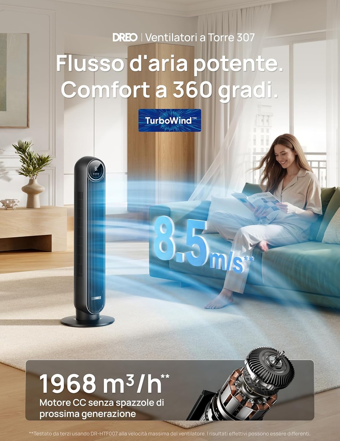 Detalle 2 de Dreo 20dB ventilatore a torre silenzioso con telecomando, 4 velocità, oscillazione 90° e timer 1–8 ore