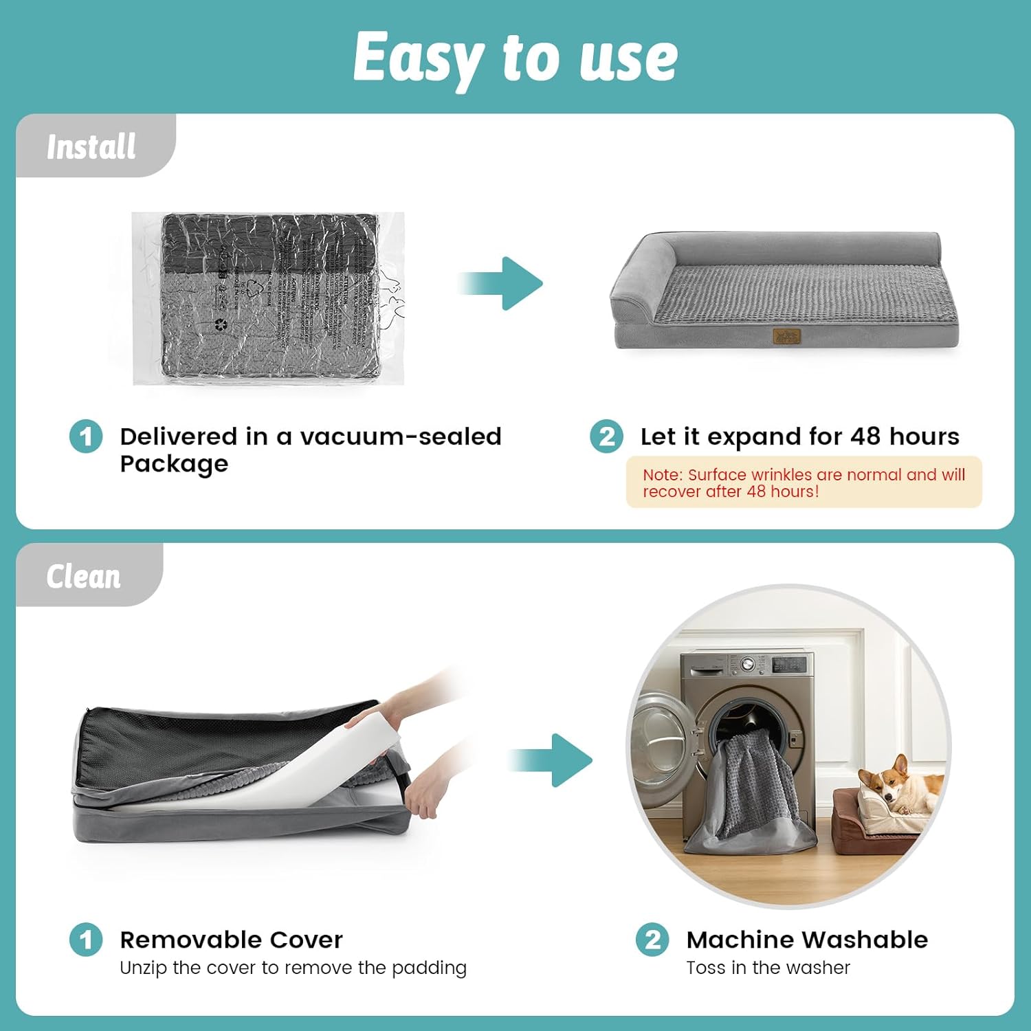 Detalle de COSY KISS Orthopedic Dog Bed — XL Grey, 44 × 32 × 7 inches (112 × 81 × 18 cm)