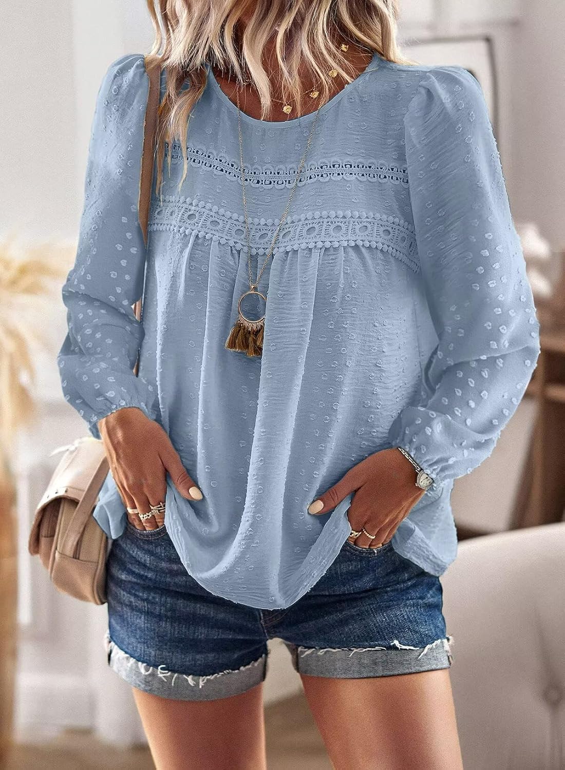 Thumbnail 4 de TUUHAW Damen Langarmshirt im Boho-Stil mit Rundhals, Häkelspitze und Pompon-Details