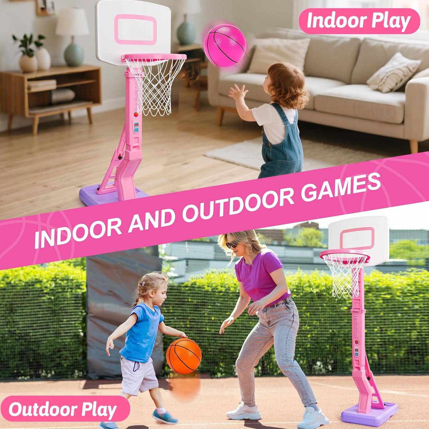 Detalle de Basketball Hoop and Stand for Kids – Adjustable Height 2'3"–4'7" with Balls (Indoor/Outdoor)