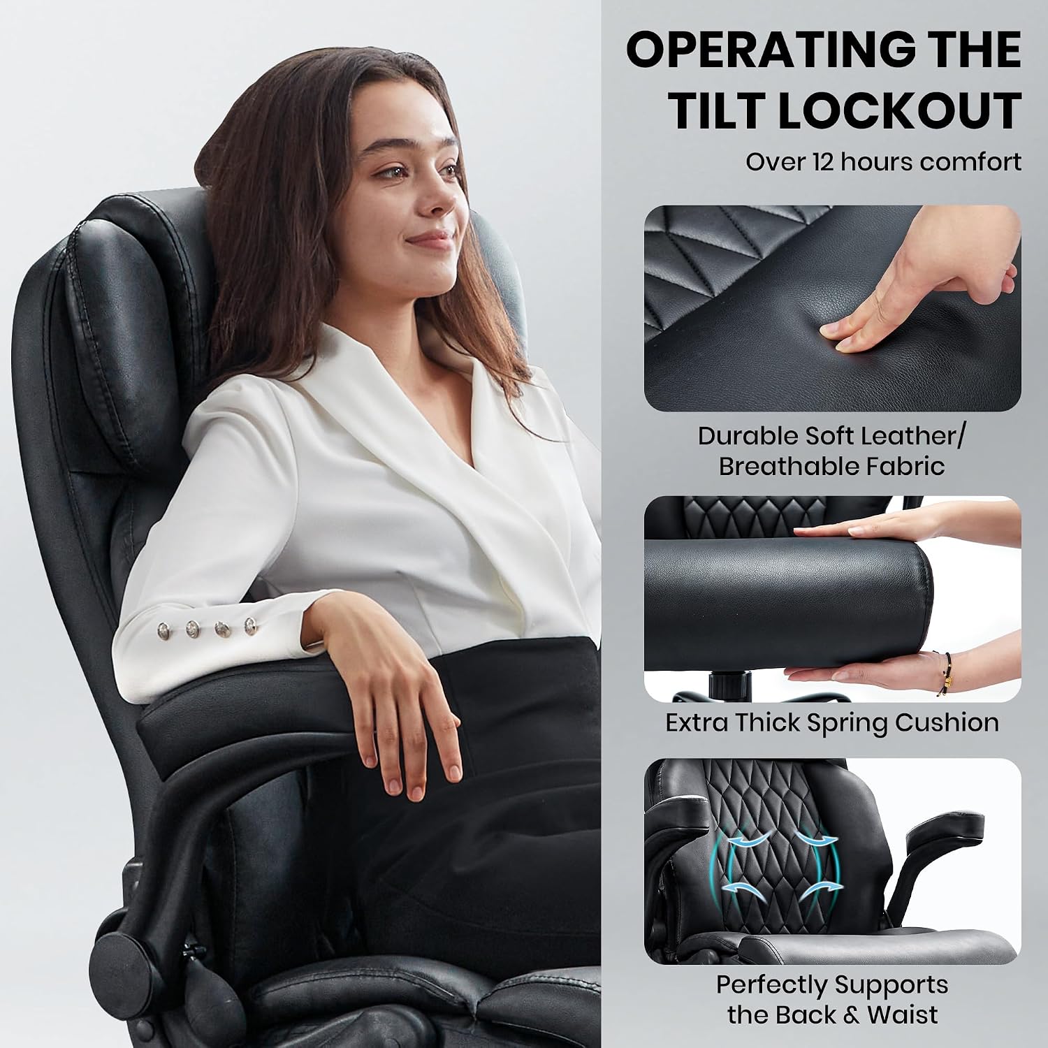 Detalle de Cloomey 001 500 lb Big and Tall Office Chair, Extra-Wide Seat, Inflatable Lumbar Support