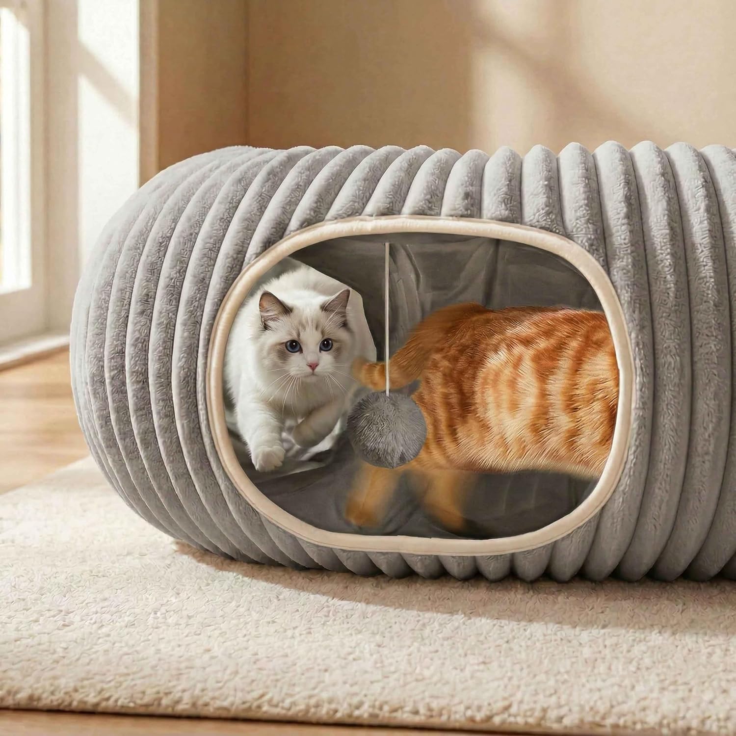 Detalle 2 de MOYMO MOY-CT-strp-grey-14-m Cat Tunnel Bed, Grey Cotton Play Cave