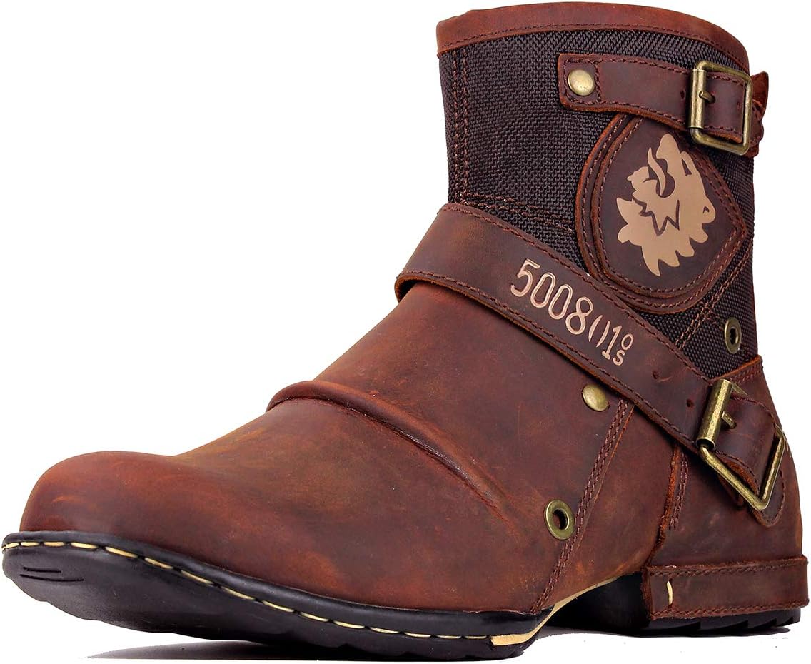 Detalle de OSSTONE Herren Leder Chukka-Stiefel OS-5008-1-NH-DE-R – Robuste Lederstiefel mit Reißverschluss und Gummisohle