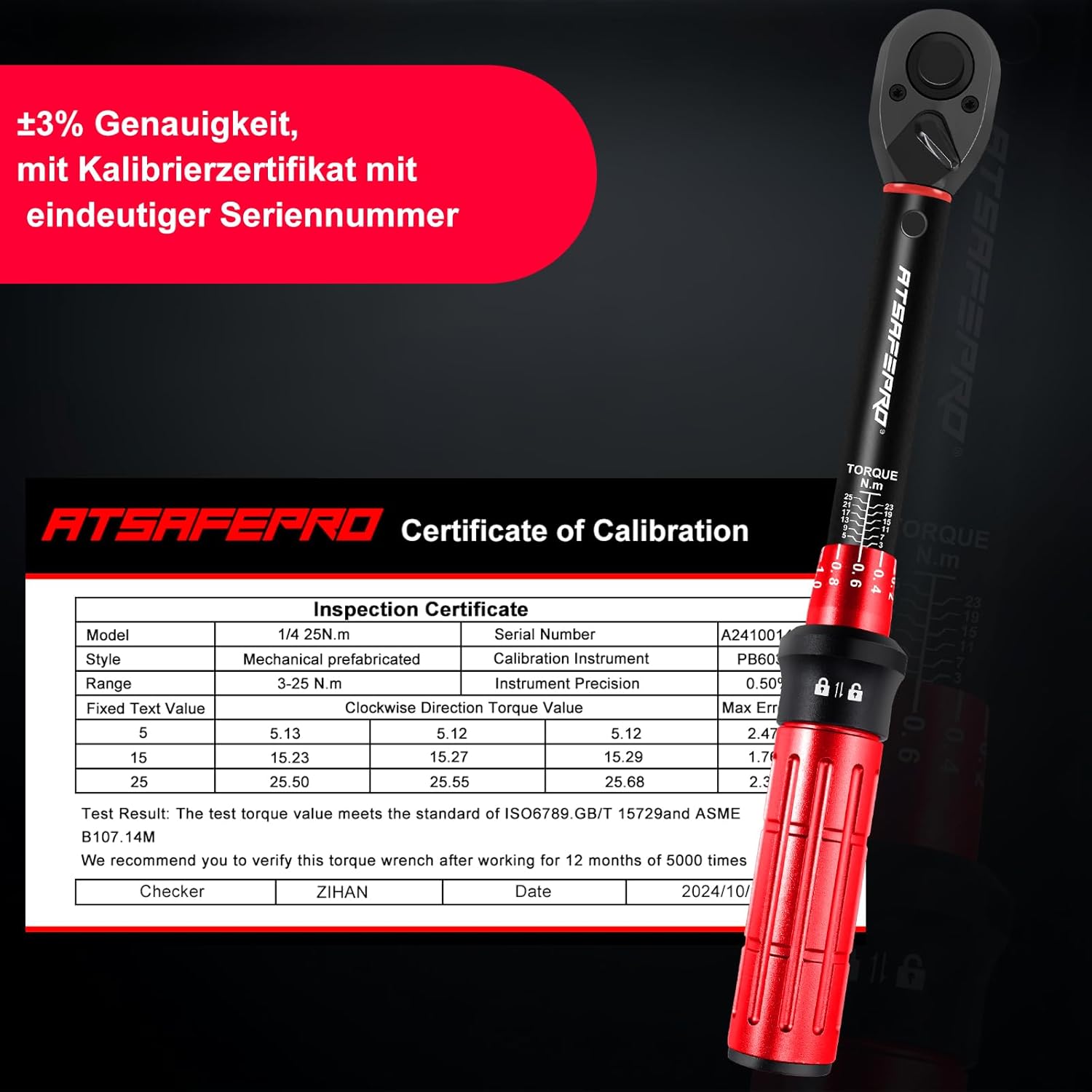 Thumbnail 6 de ATsafepro 1/4" Drehmomentschlüssel fürs Fahrrad (3–25 Nm) mit Bits, magnetischer Ratsche und Verlängerung