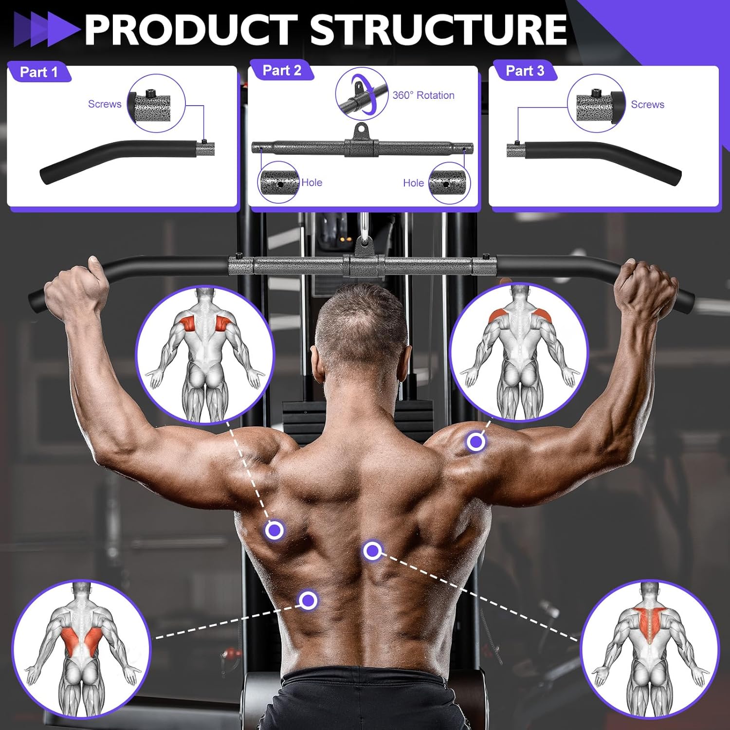 Detalle 2 de Turakun Cable Machine Attachments Set: LAT Pulldown Bar, Double D Handles, Tricep Rope & More for Home Gym