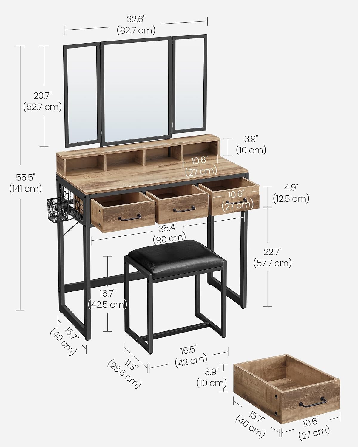 Thumbnail 5 de VASAGLE Dacey Collection RVT004B50 Dressing Table with Triple Mirror and Stool