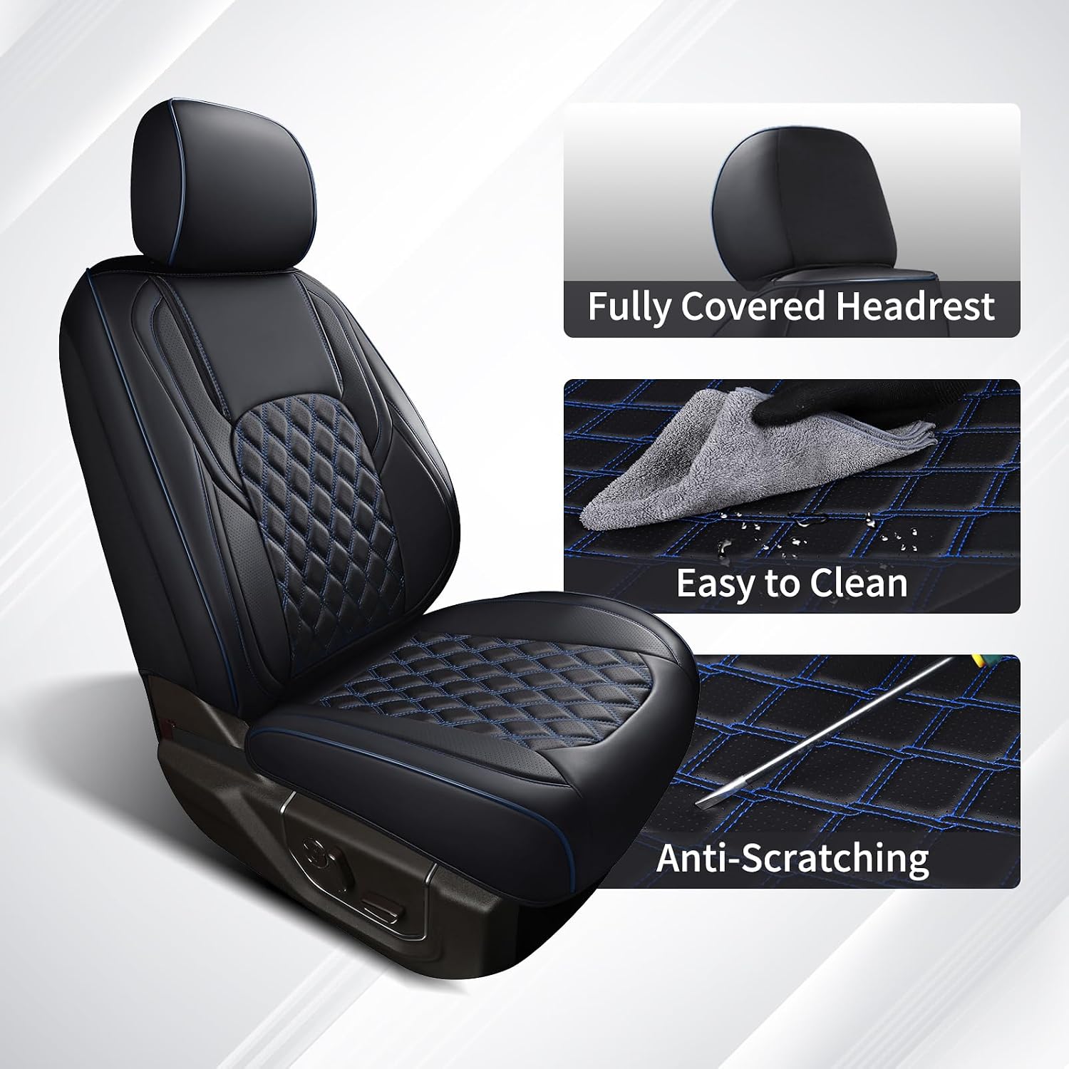 Detalle de Huidasource Faux Leather Front & Rear Truck Seat Covers for 2015-2025 Ford F-150 SuperCrew and 2017-2025 F-250/F-450 Super Duty Crew Cab (Black & Blue, Full Set)