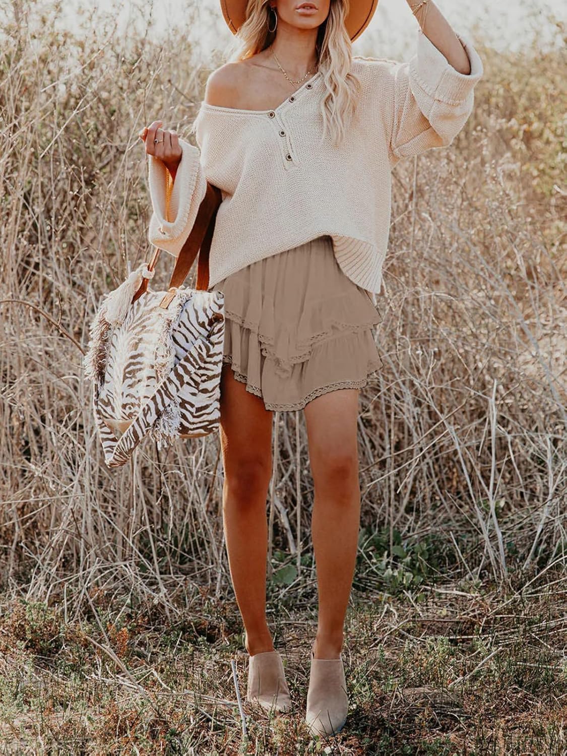 Thumbnail 2 de Aoudery Flowy High-Waist Boho Ruffle Tiered Skort Shorts (Butterfly Double-Layer Design)