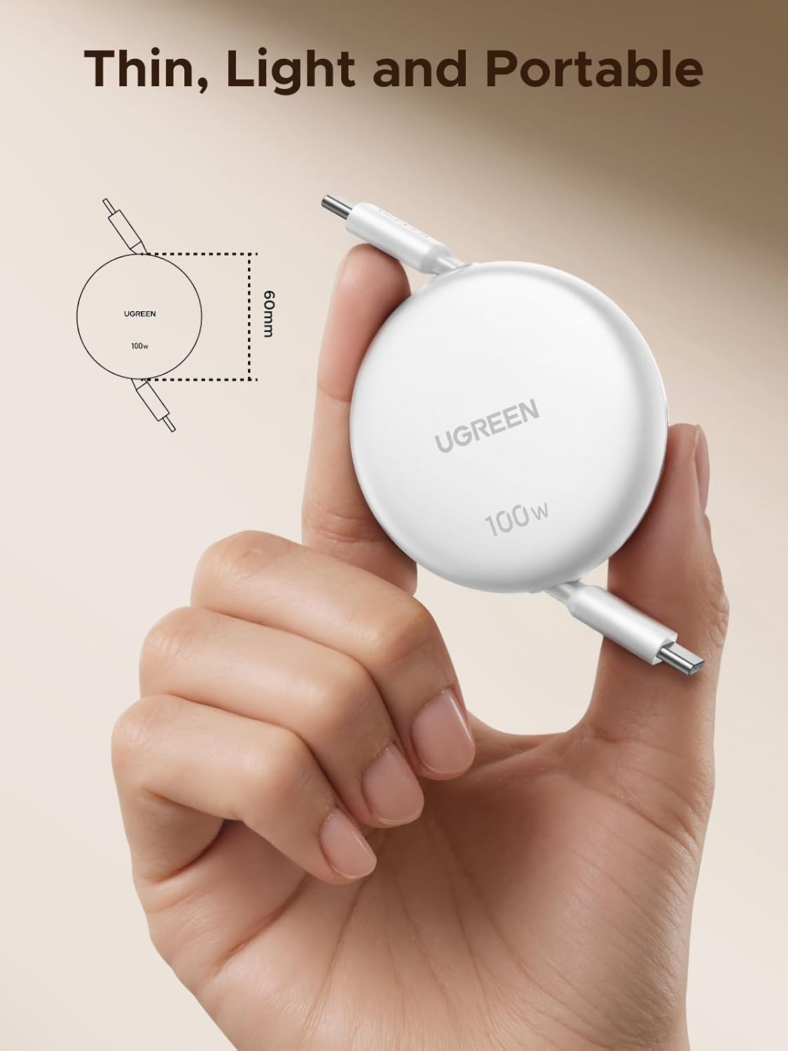 Detalle de UGREEN 100W Cavo USB-C Retrattile PD 3.0 (Bianco) con ricarica rapida e lunghezze regolabili