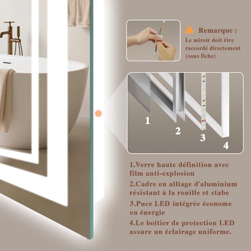 Thumbnail 7 de Archaluxe Miroir de salle de bain LED 140 x 70 cm avec Bluetooth, anti-buée et 3 couleurs + dimmable