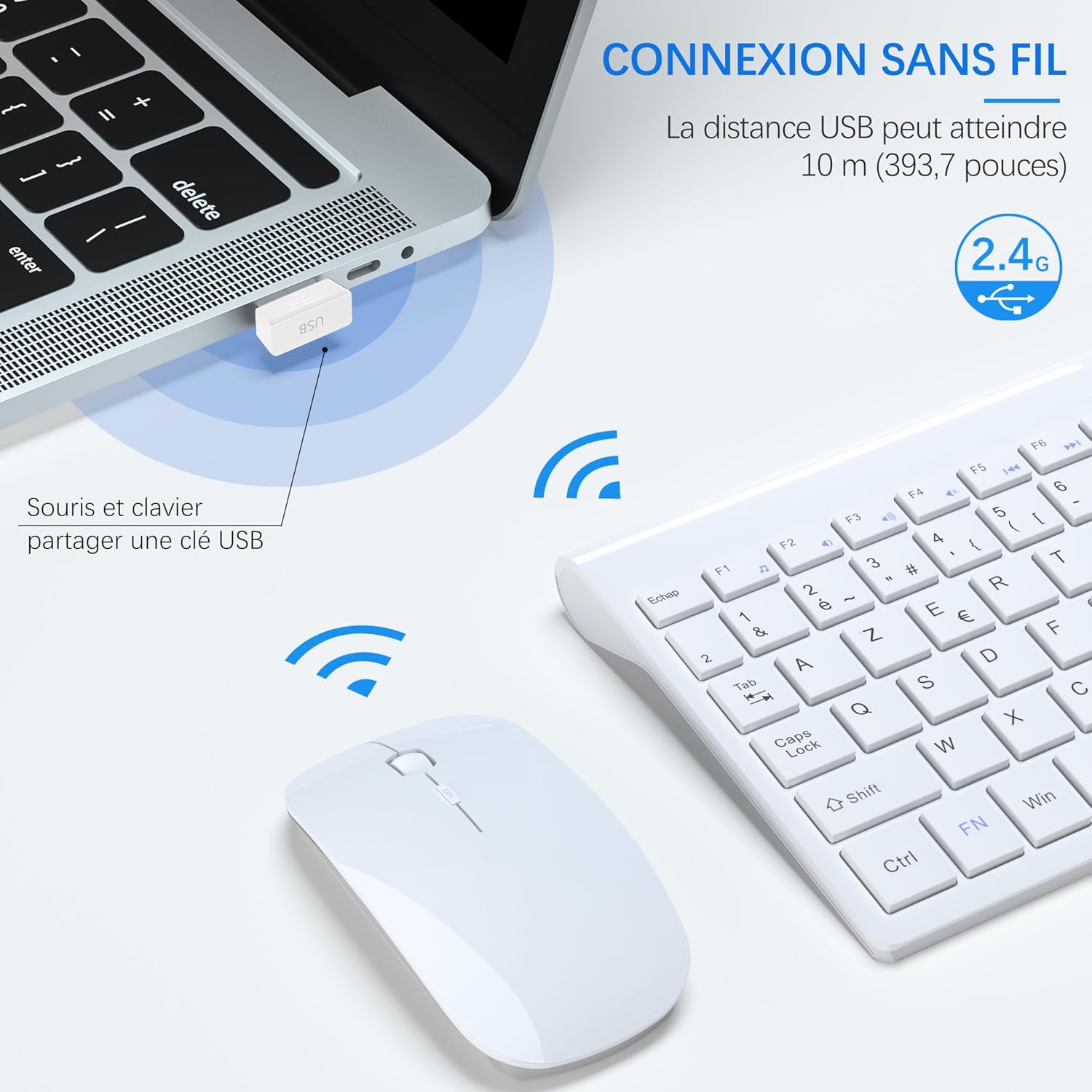 Detalle de TopMate Ensemble Clavier et Souris sans Fil Ultra-Mince – Kit Clavier + Souris 2.4G, DPI 2400, blanc