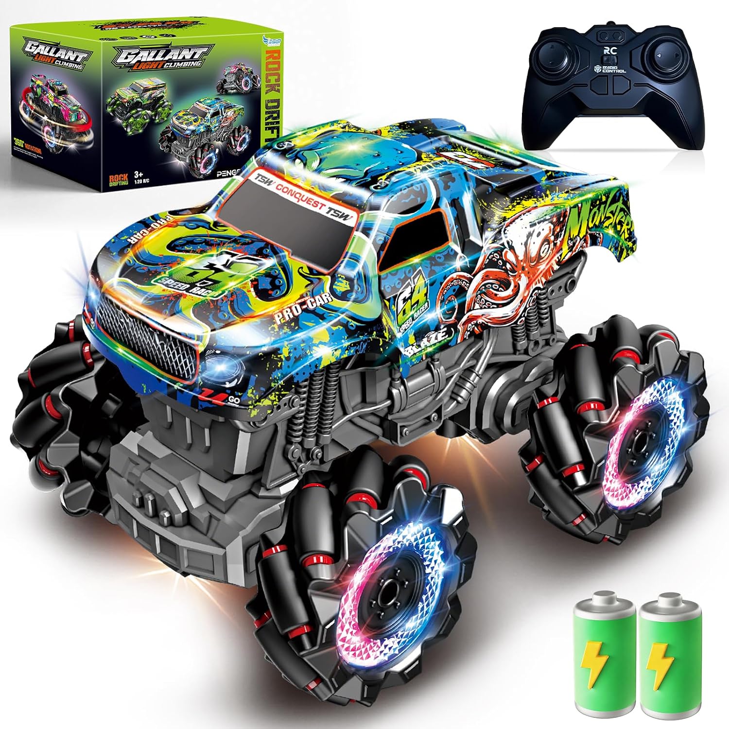 Detalle de PENGBU RC 000-023 radiostyrd monstertruck med 360°-rotation och ljus