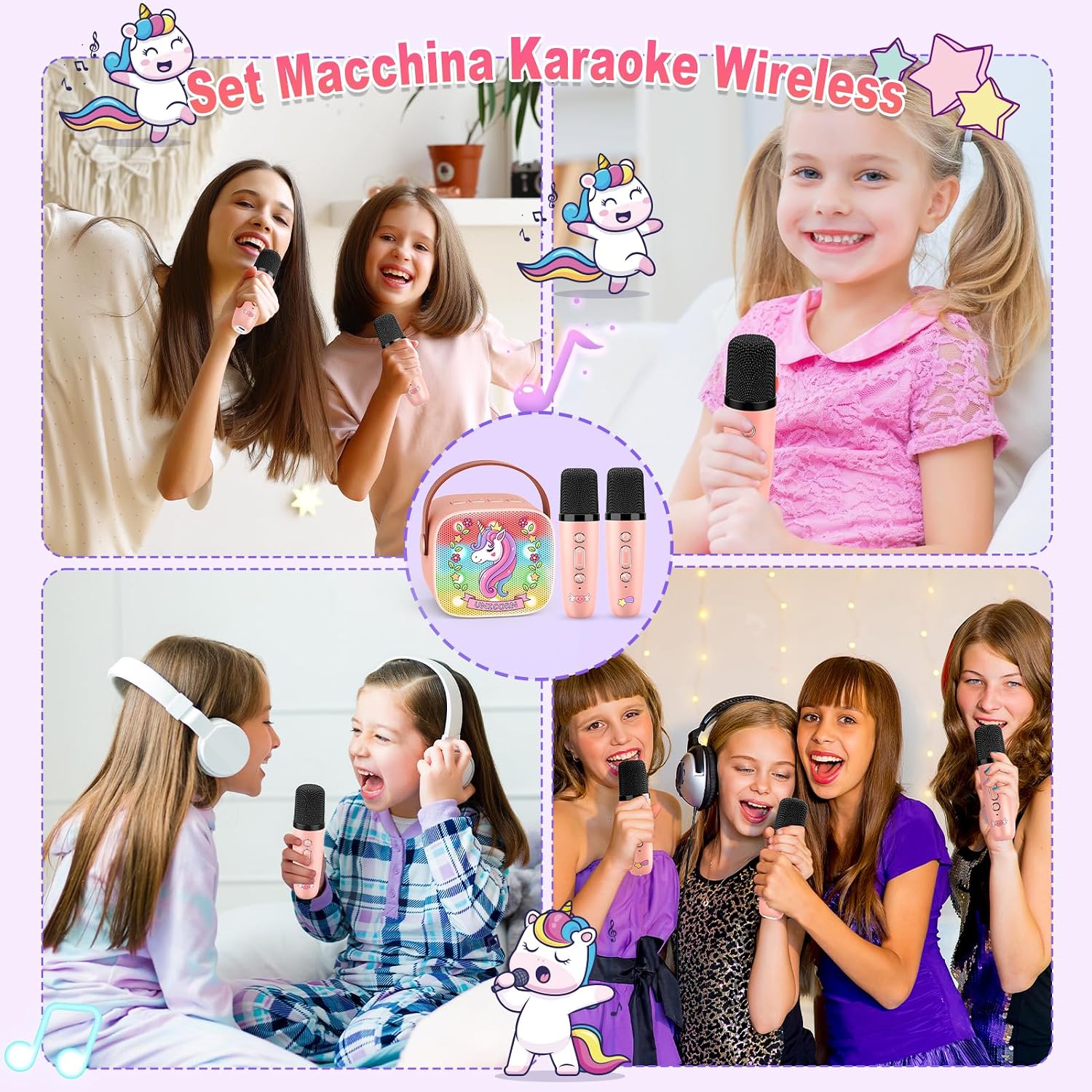 Detalle de Dislocati karaoke per bambini con 2 microfoni wireless, Bluetooth e luci LED a tema unicorno (3-12 anni)