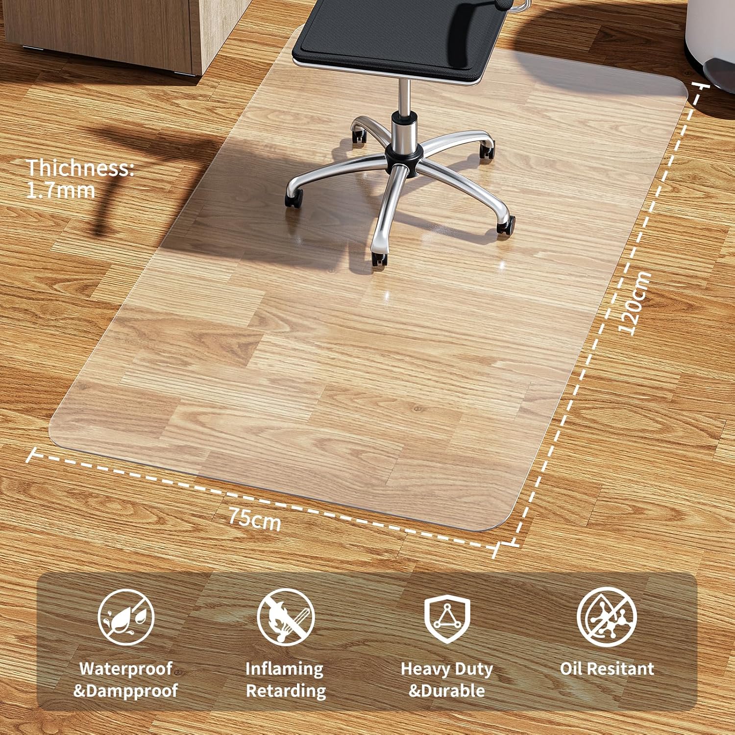 Detalle de WASJOYE Office Chair Mat 75x120cm for Hard Floors – Clear PVC Floor Protector