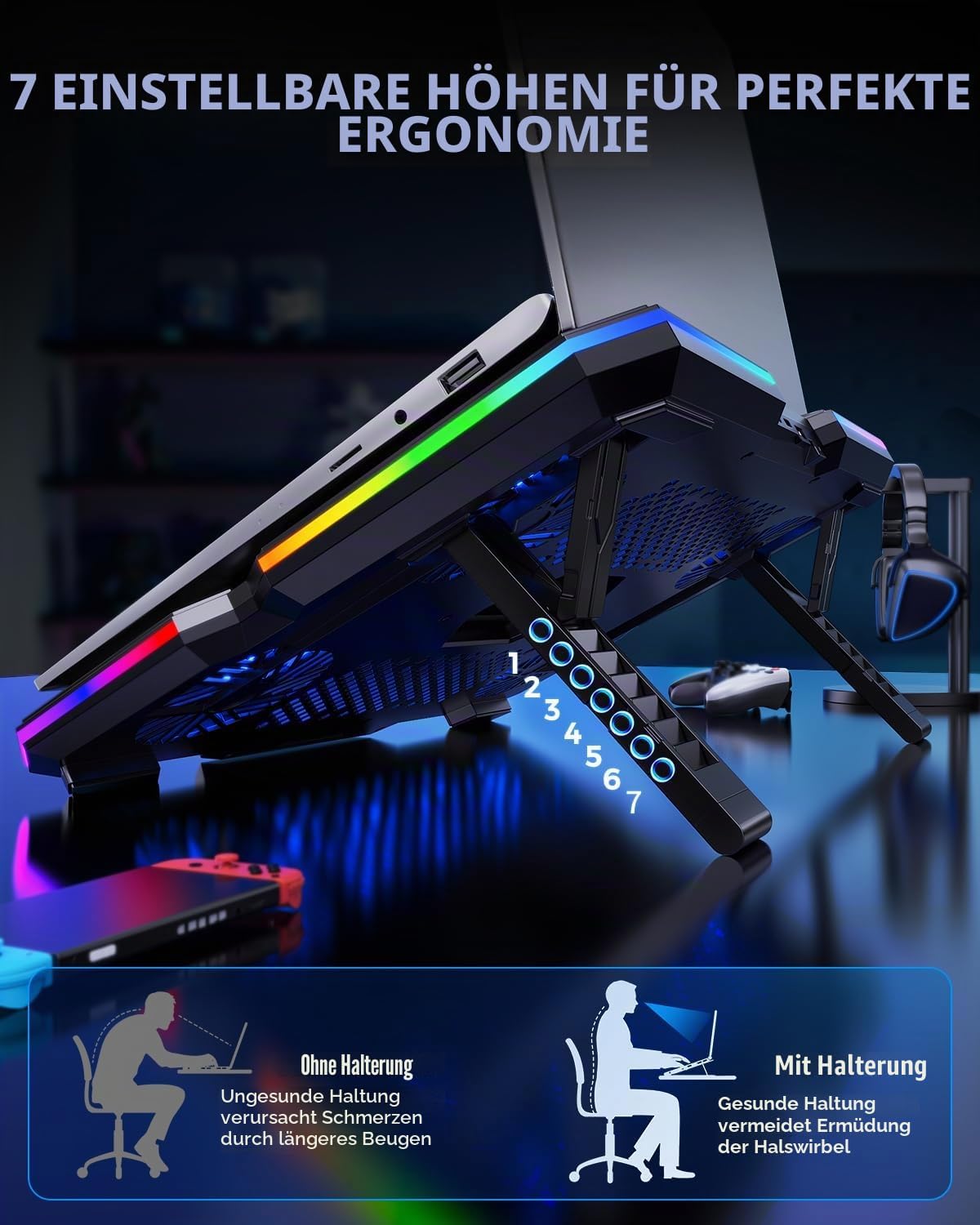Thumbnail 6 de RGB Laptop Kühler mit 10 leisen Lüftern – verstellbar, USB-A/C, Handyhalterung, kompatibel 12–18,1 Zoll