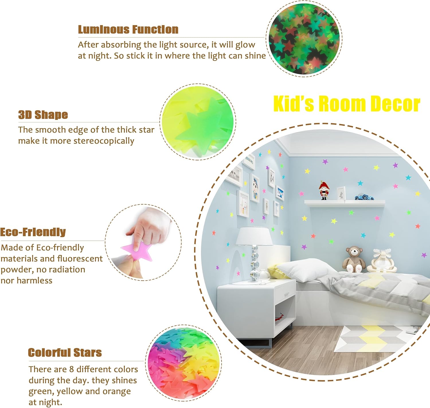 Thumbnail 2 de Leutend glow in the dark 3D stars and moon sticker set (200 pieces) for kids’ room decor