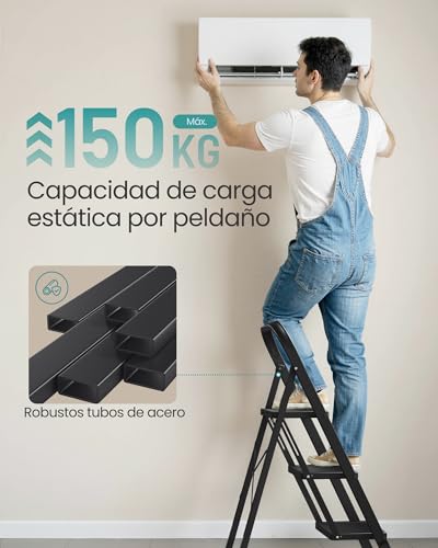 Detalle de SONGMICS Escalera de Tijera de 3 Peldaños GSL003BZ01 – Seguridad, Compacidad y Versatilidad