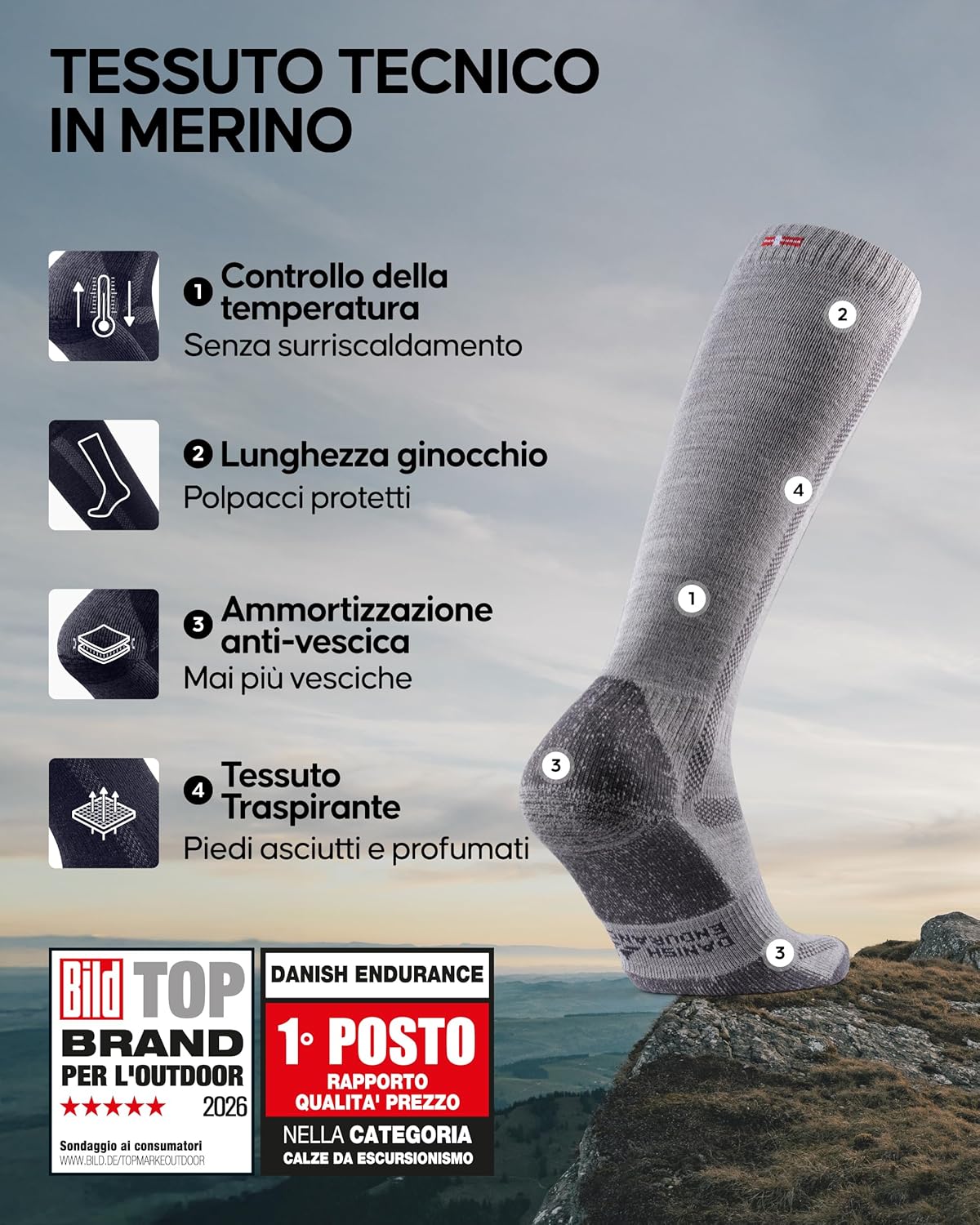 Thumbnail 1 de DANISH ENDURANCE Calze lunghe trekking in lana merino con effetto anti- vesciche (1 o 3 paia) uomo e donna