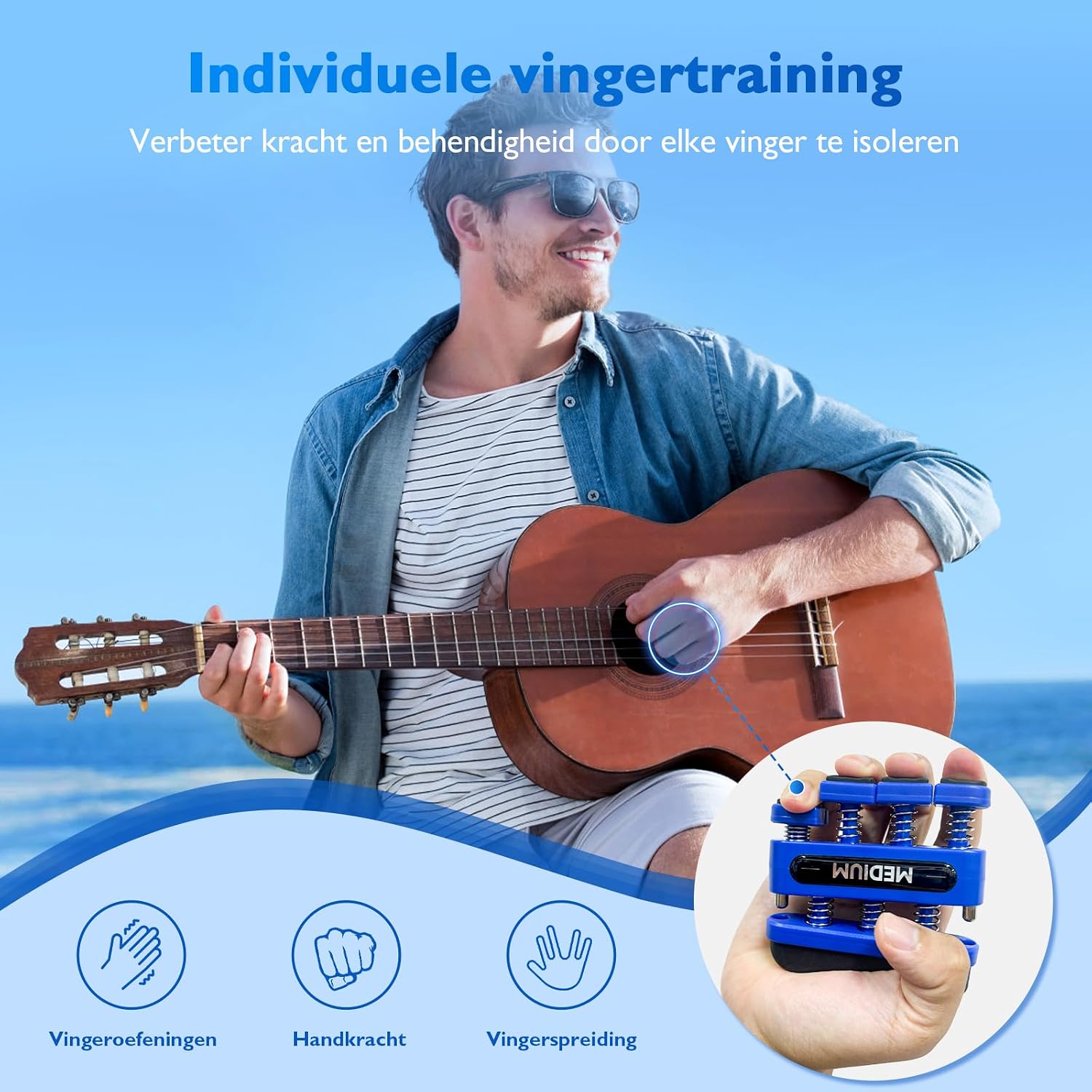 Detalle de FitBeast vingertrainer-set voor handkracht met twee weerstandsniveaus