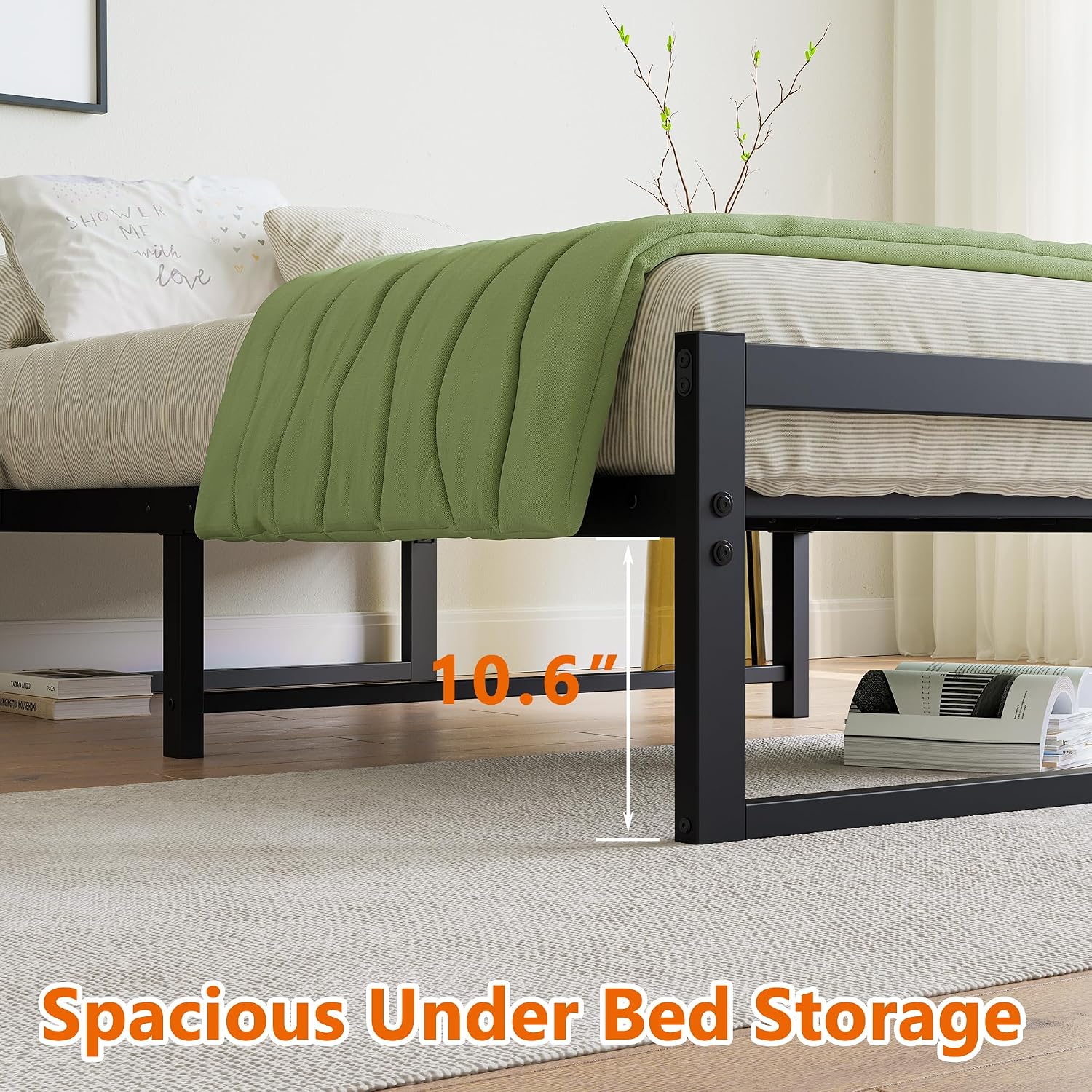 Detalle de VECOCHO Twin Metal Platform Bed Frame, Black Steel Slats, Under-Bed Storage