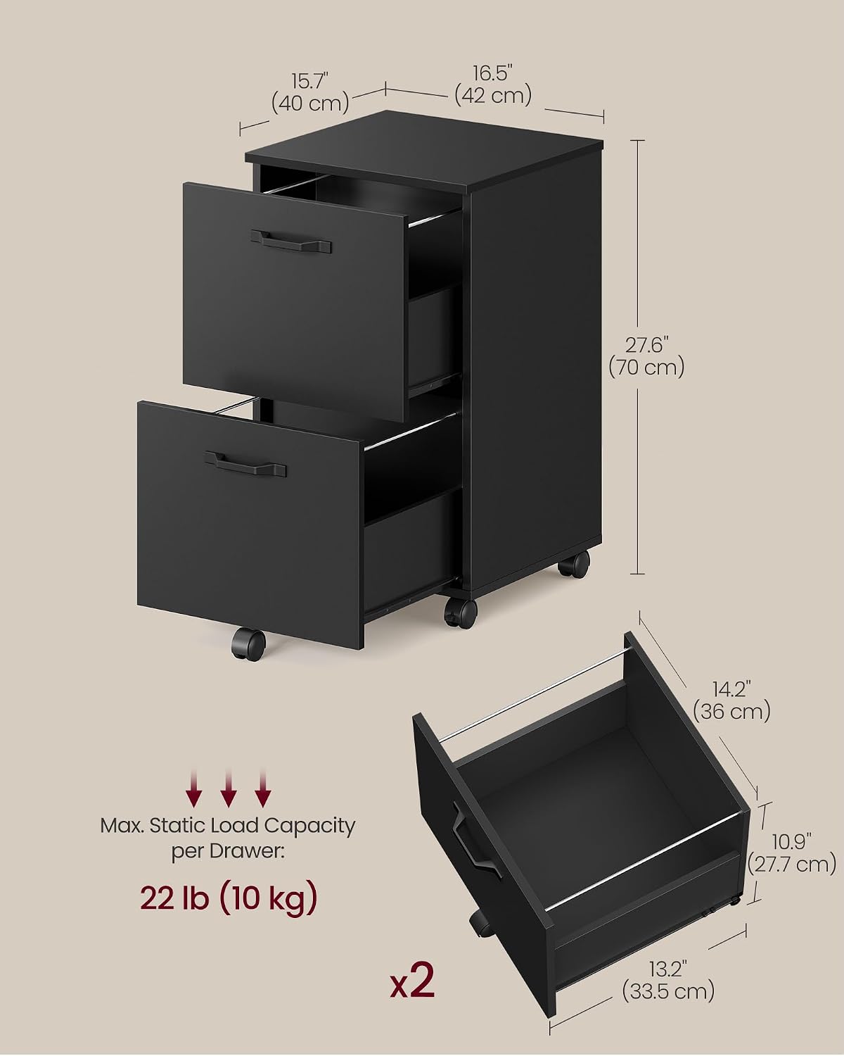 Detalle de VASAGLE UOFC040B16 2-Drawer Rolling File Cabinet 15.7ร16.5ร27.6 in ๐