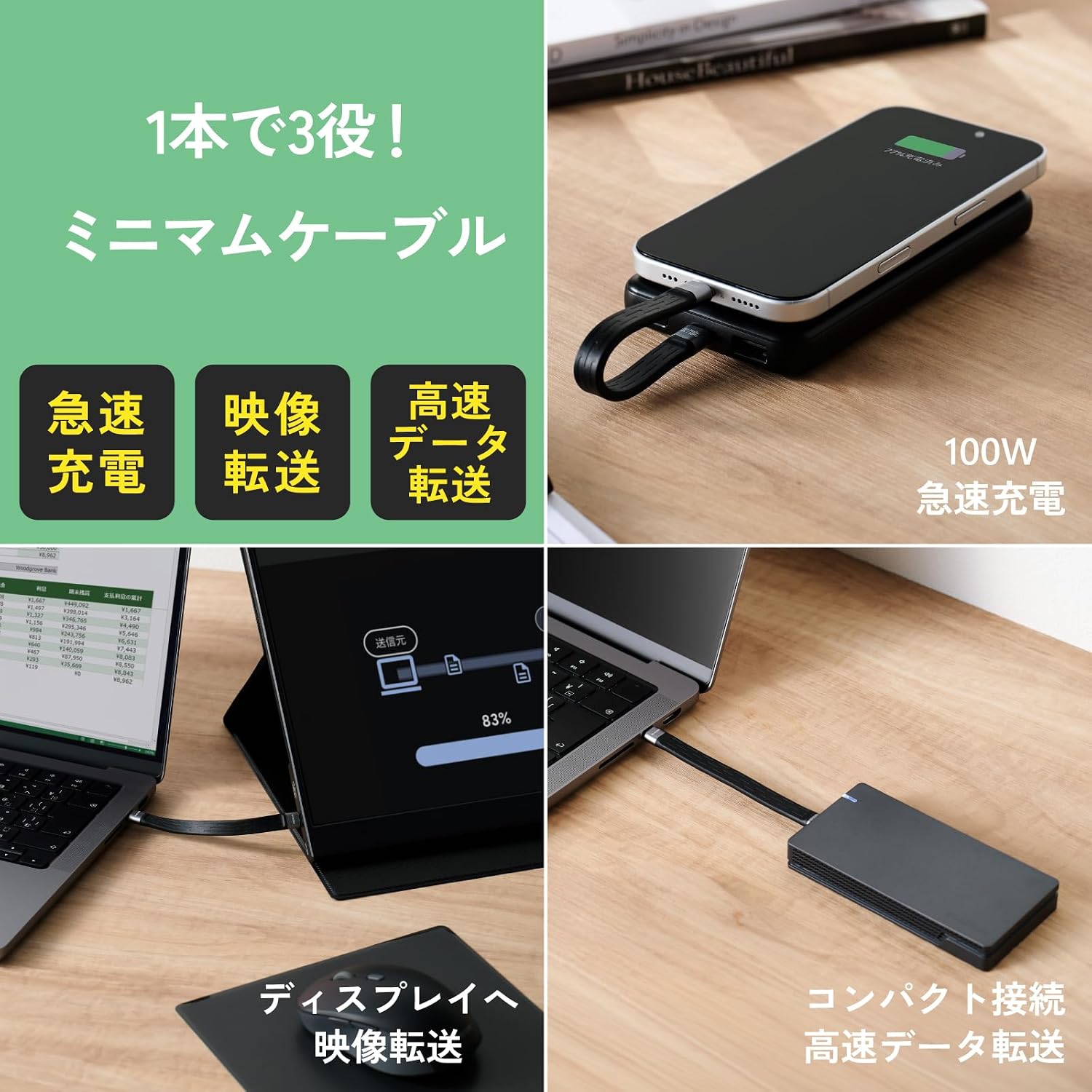 Detalle de エレコム MPA-CCEC4GF01BK USB Type-Cケーブル 40Gbps・最大100W・フラット