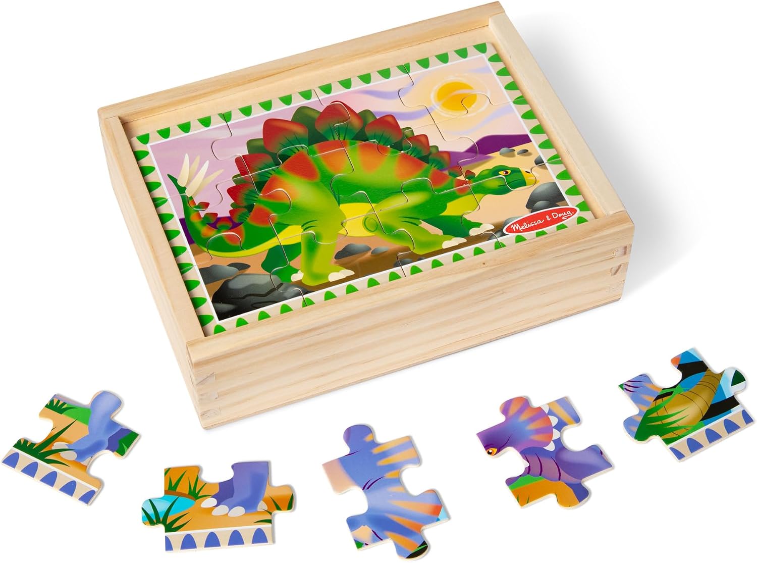 Detalle de Melissa & Doug 13791 Dinosaurs Puzzles in a Box (wooden toy) – 4 dinosaur puzzles for ages 3+