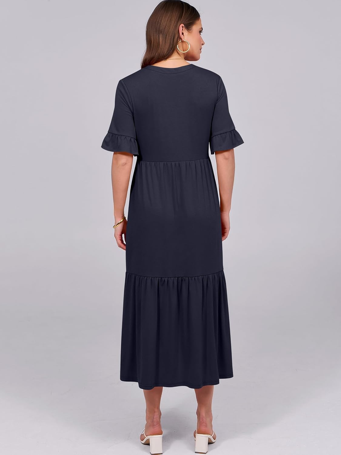 Detalle 2 de ANRABESS Women’s Summer Maxi Dress with Ruffle Short Sleeves, V-Neck & Tiered Skirt