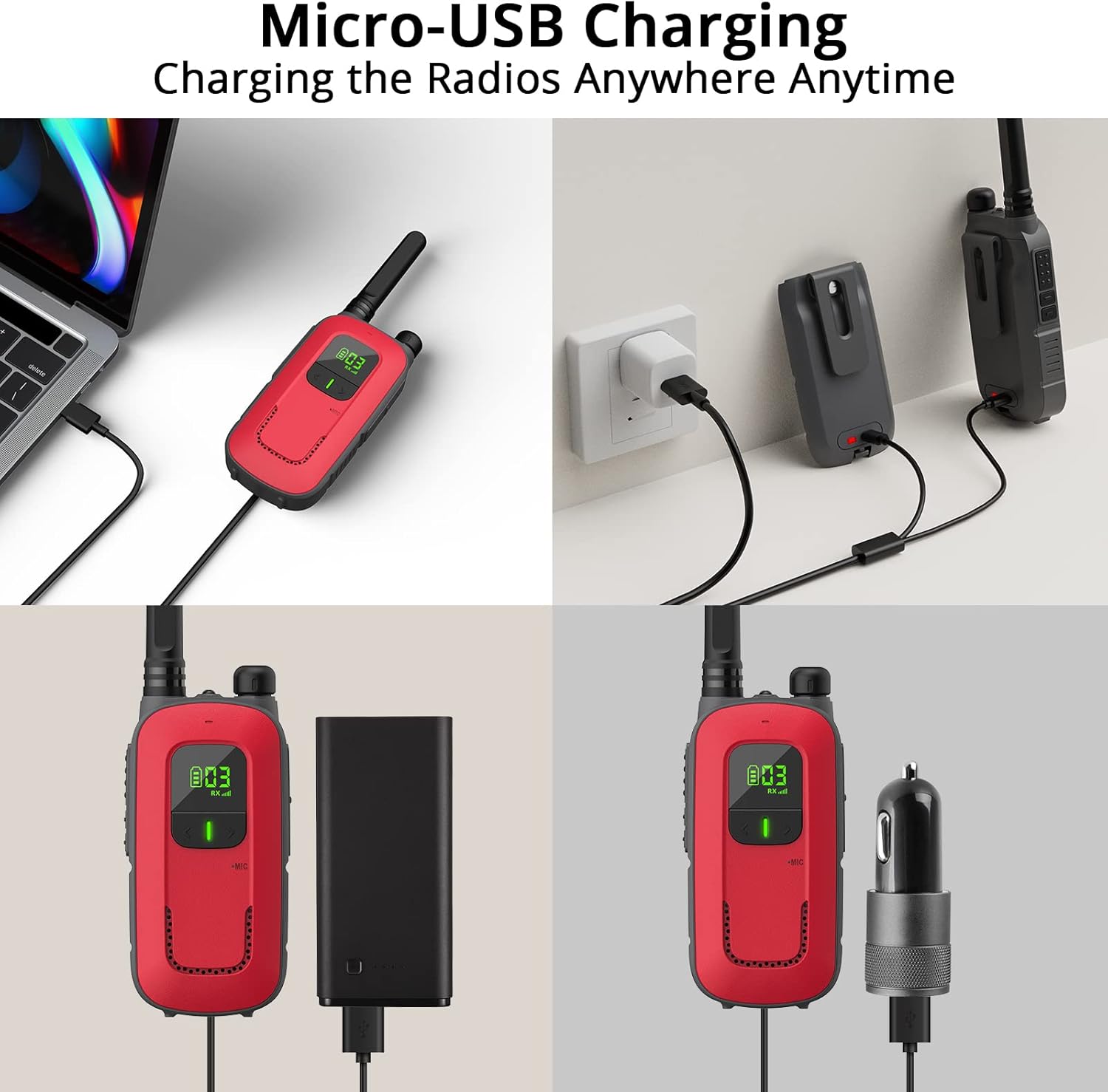 Detalle de Radioddity PR-T3 Walkie Talkie bambini ricaricabile PMR 16 canali con ricarica USB e portachiavi (rosso/blu)