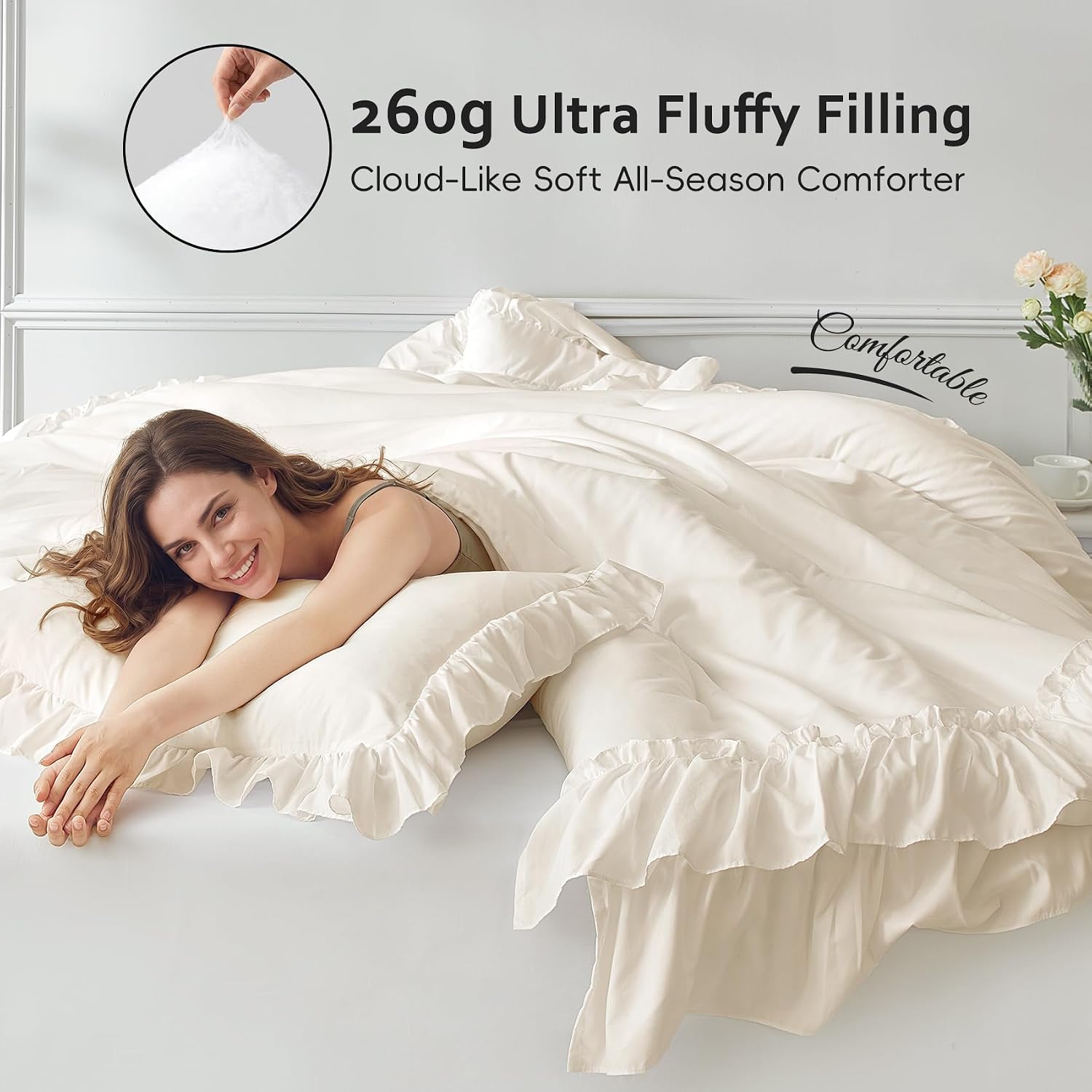 Detalle de HW&HL Beige Queen Ruffle Comforter Set, 3-Piece Polyester Microfiber Bedding