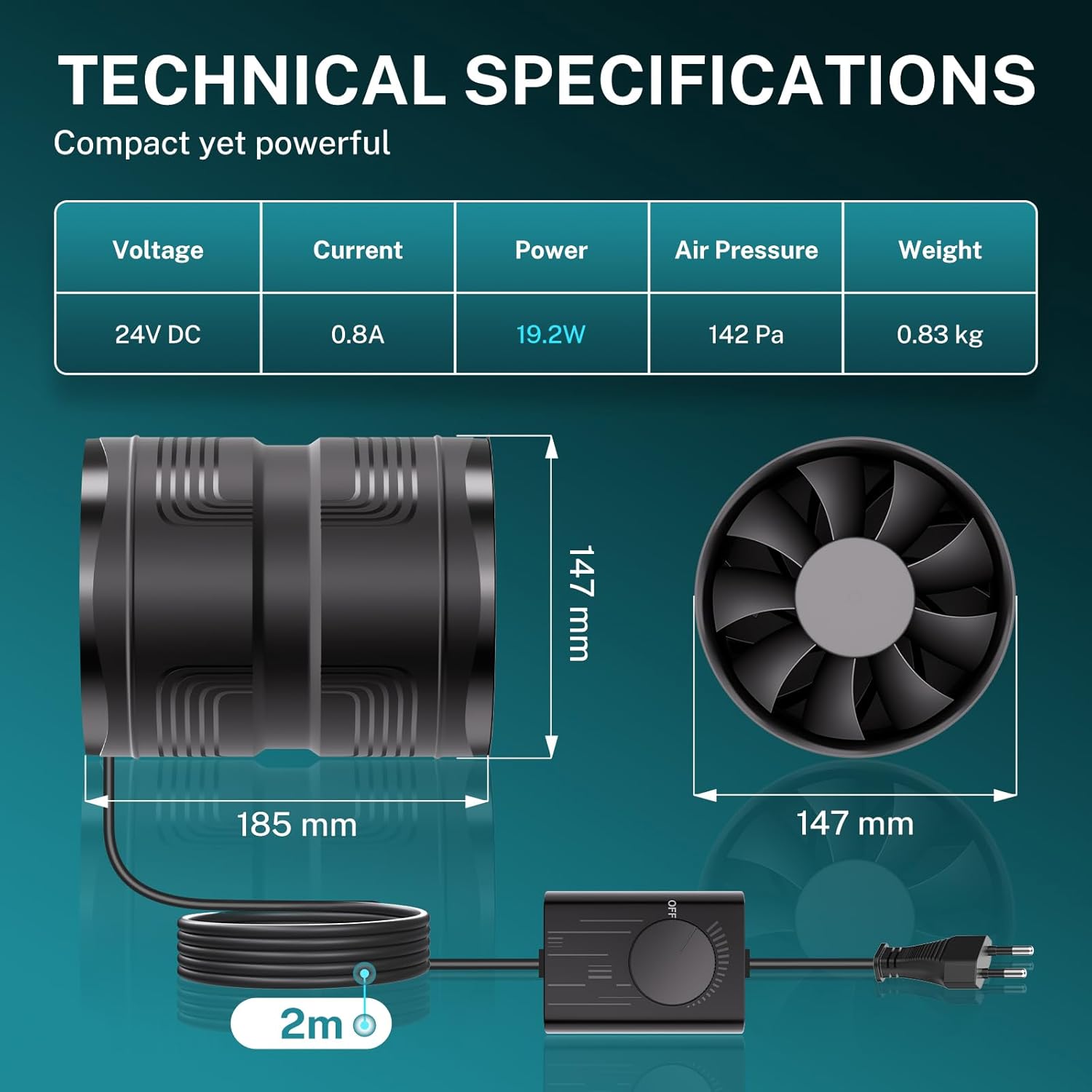 Detalle de HG Power Extracteur d’air 150 mm avec Variateur de Vitesse – Débit jusqu’à 587 m³/h pour Salle de Bain, Cuisine, Cave, Garage et Tente de Culture