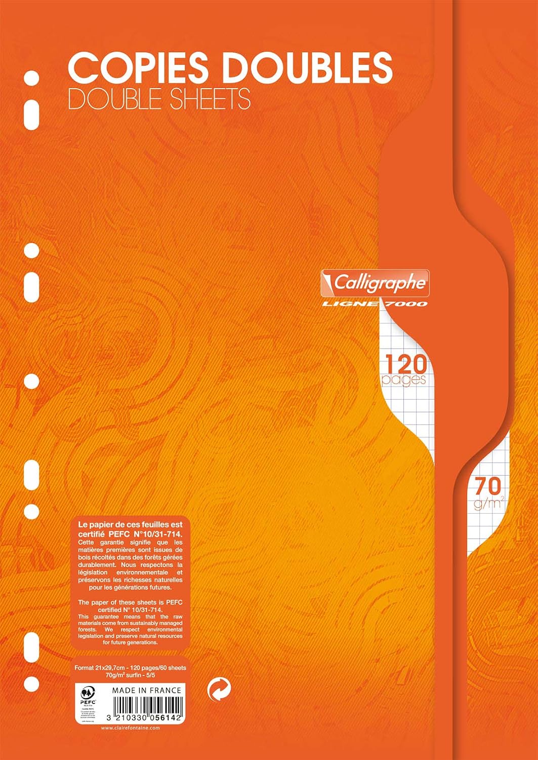 Detalle de Calligraphe 5615AMZC – Lot de 2 Paquets de Copies Doubles Perforées, A4 70 g, Clairefontaine