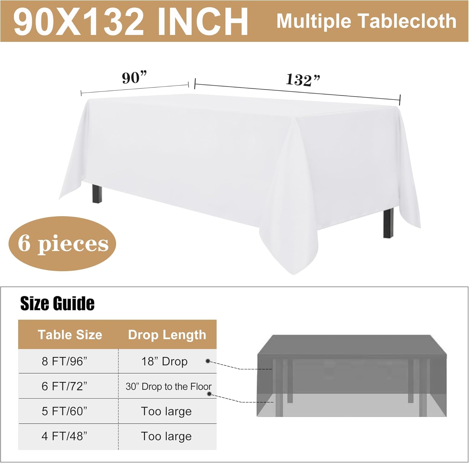 Thumbnail 6 de Sancua 6-Pack 90 x 132 Inch Rectangular Polyester Tablecloths