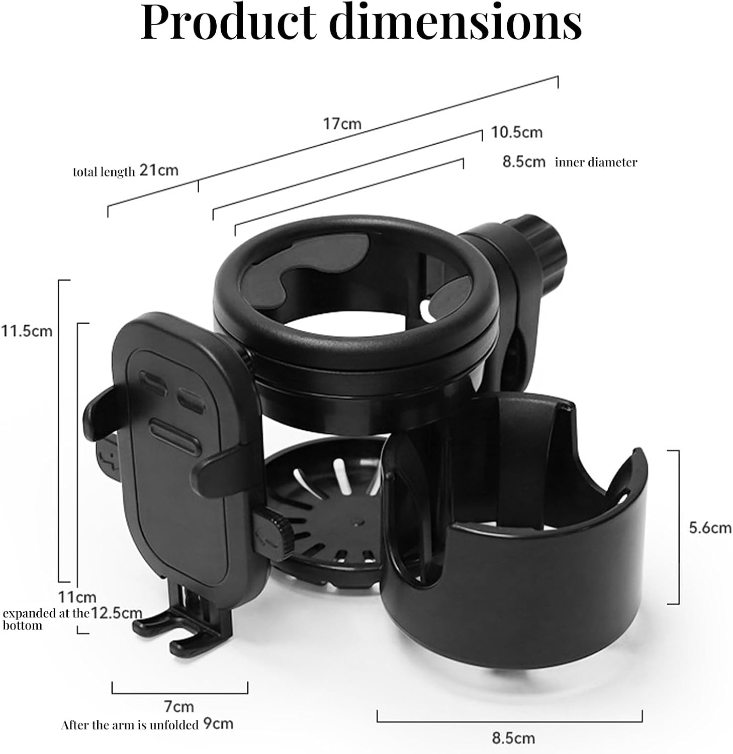 Detalle 2 de Universal Stroller Cup Holder Attachment with Phone Holder (3 in 1) for Prams, Pushchairs, Bikes, Wheelchairs, Walkers & Scooters