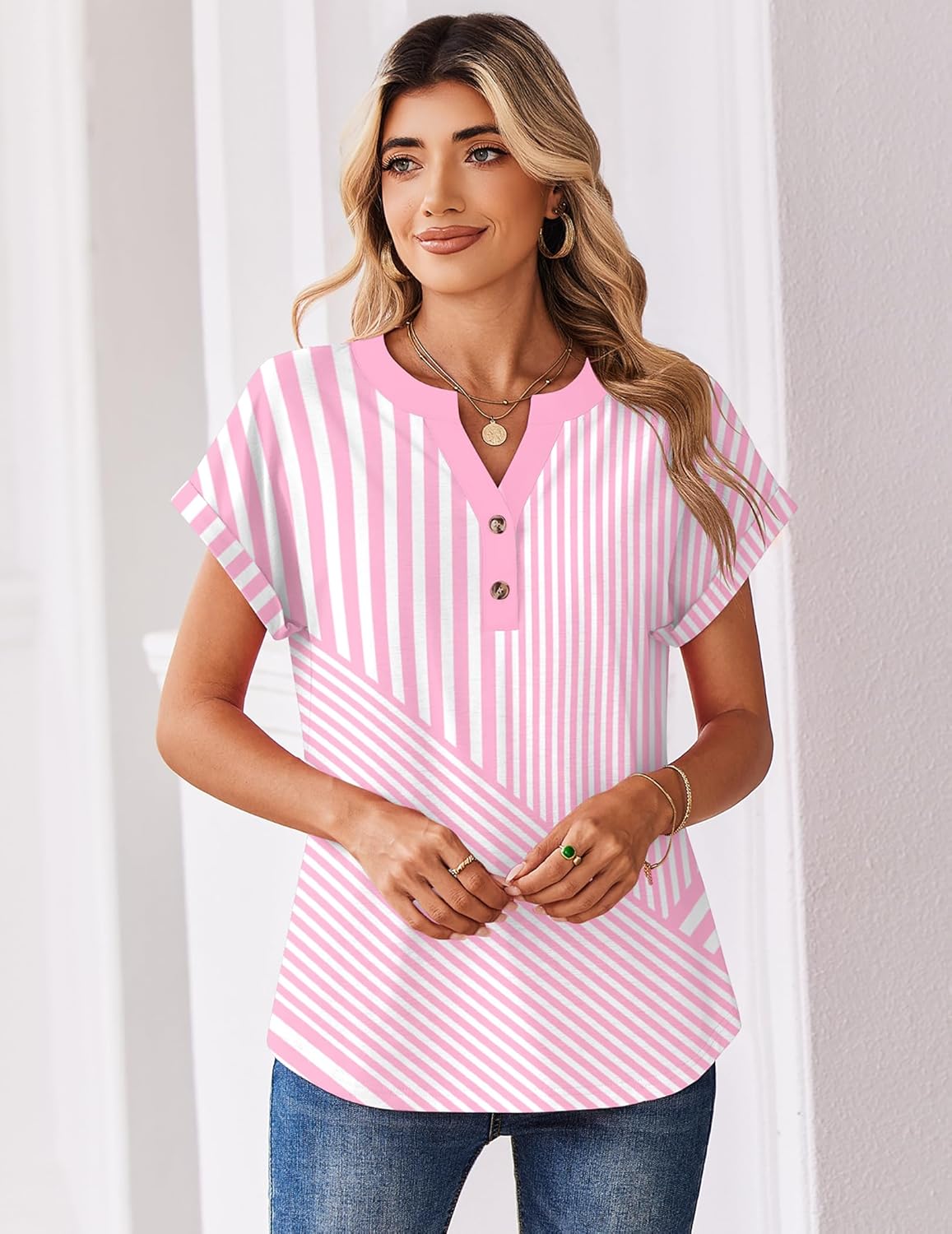 Thumbnail 3 de Zeagoo Women Summer Short Sleeve V-Neck Dressy Casual Work Blouse